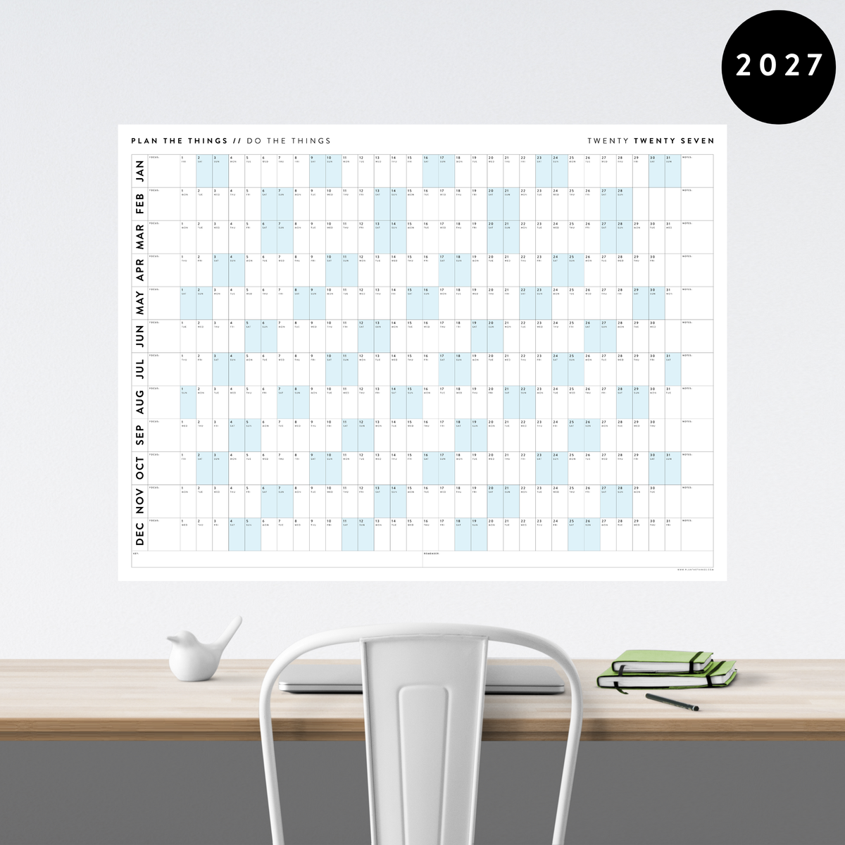 GIANT 2027 ANNUAL WALL CALENDAR | HORIZONTAL WITH BLUE WEEKENDS