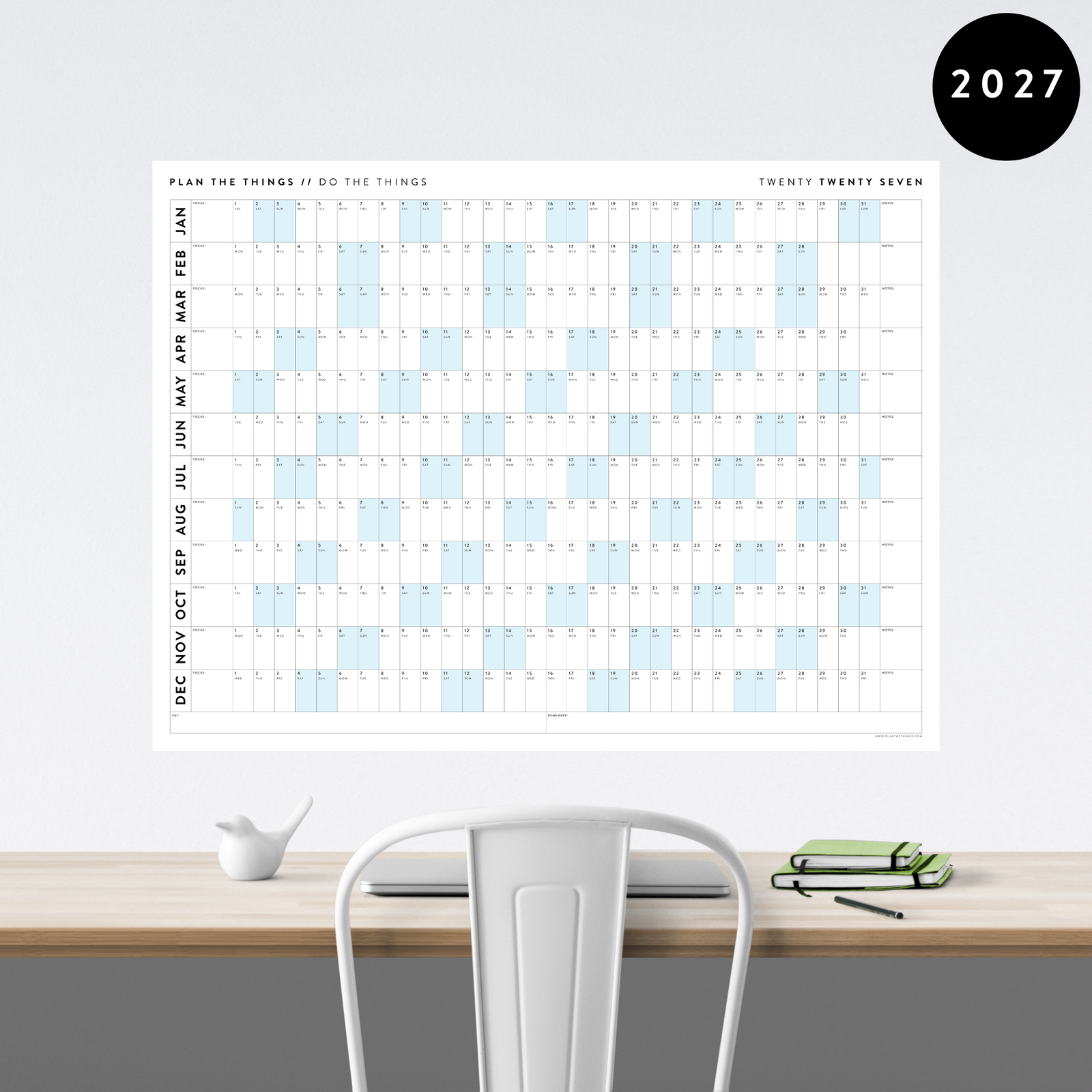 GIANT 2027 ANNUAL WALL CALENDAR | HORIZONTAL WITH BLUE WEEKENDS