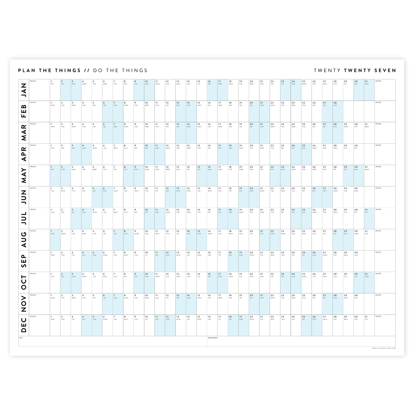 GIANT 2027 ANNUAL WALL CALENDAR | HORIZONTAL WITH BLUE WEEKENDS