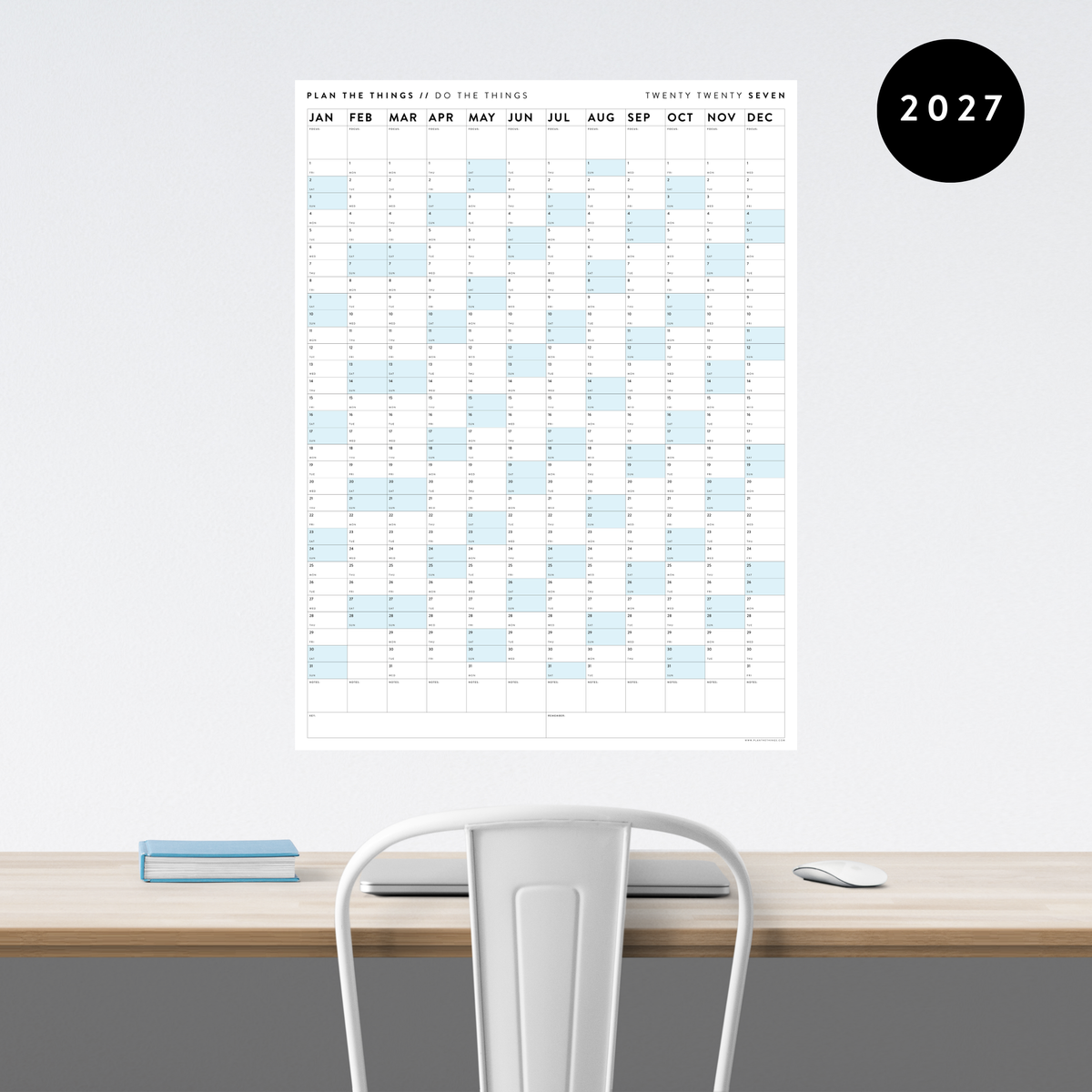 GIANT 2027 ANNUAL WALL CALENDAR | VERTICAL WITH BLUE WEEKENDS