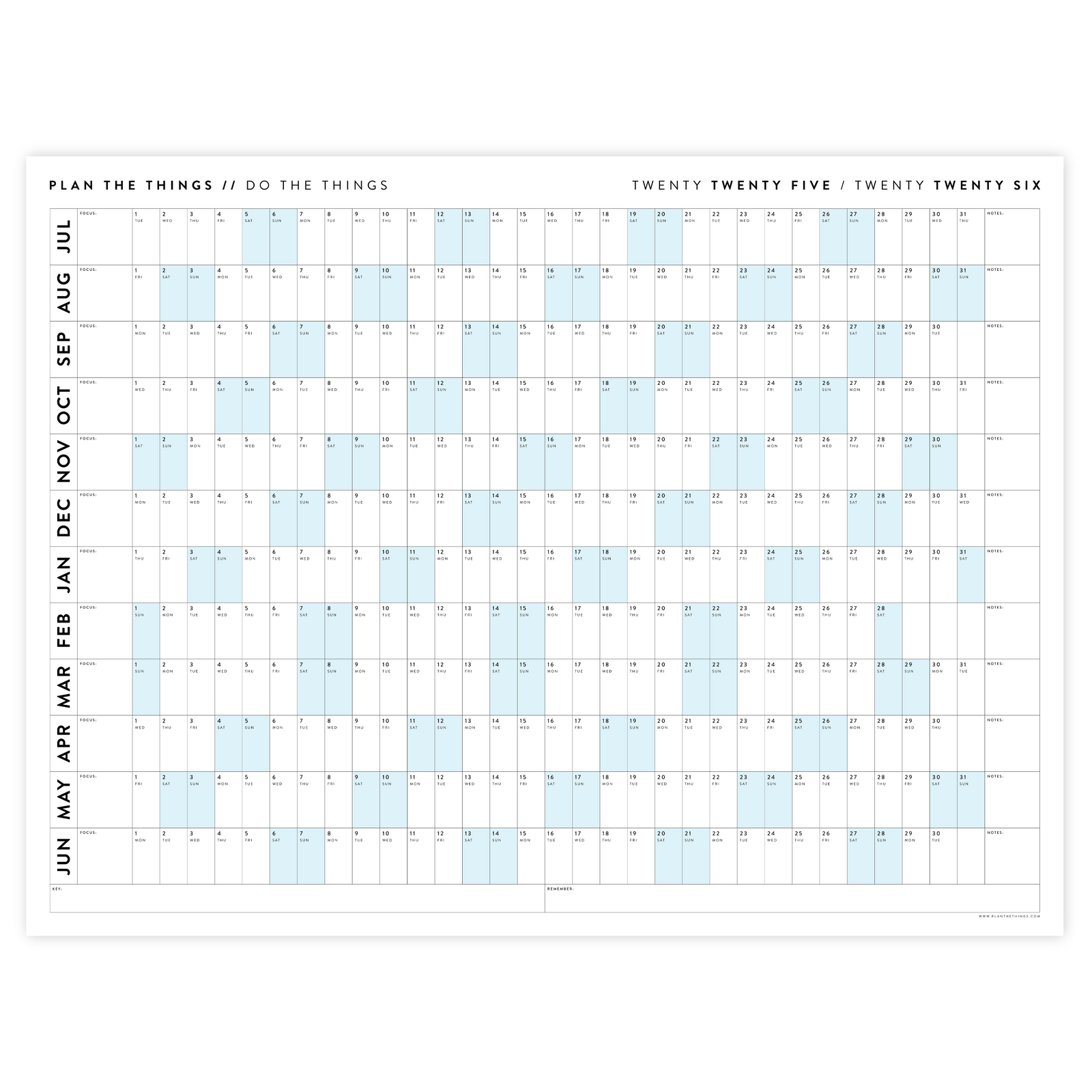 2025 - 2026 ACADEMIC WALL CALENDAR (JULY START) | HORIZONTAL WITH BLUE WEEKENDS
