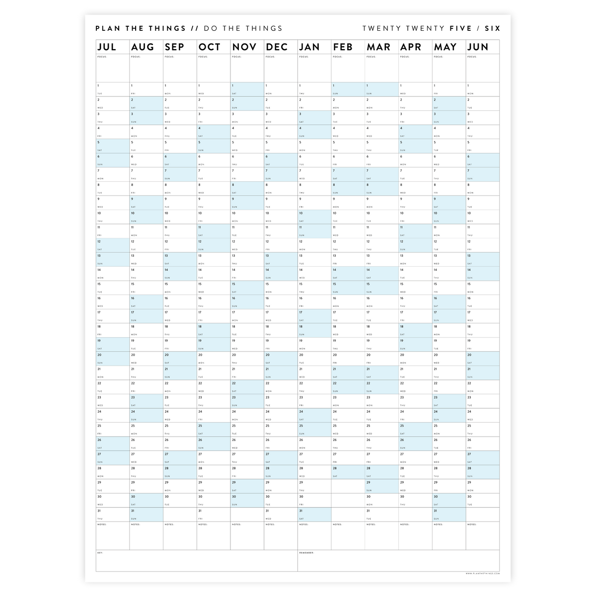 PRINTABLE 2025 - 2026 ACADEMIC WALL CALENDAR (JULY START) | VERTICAL WITH BLUE WEEKENDS - INSTANT DOWNLOAD