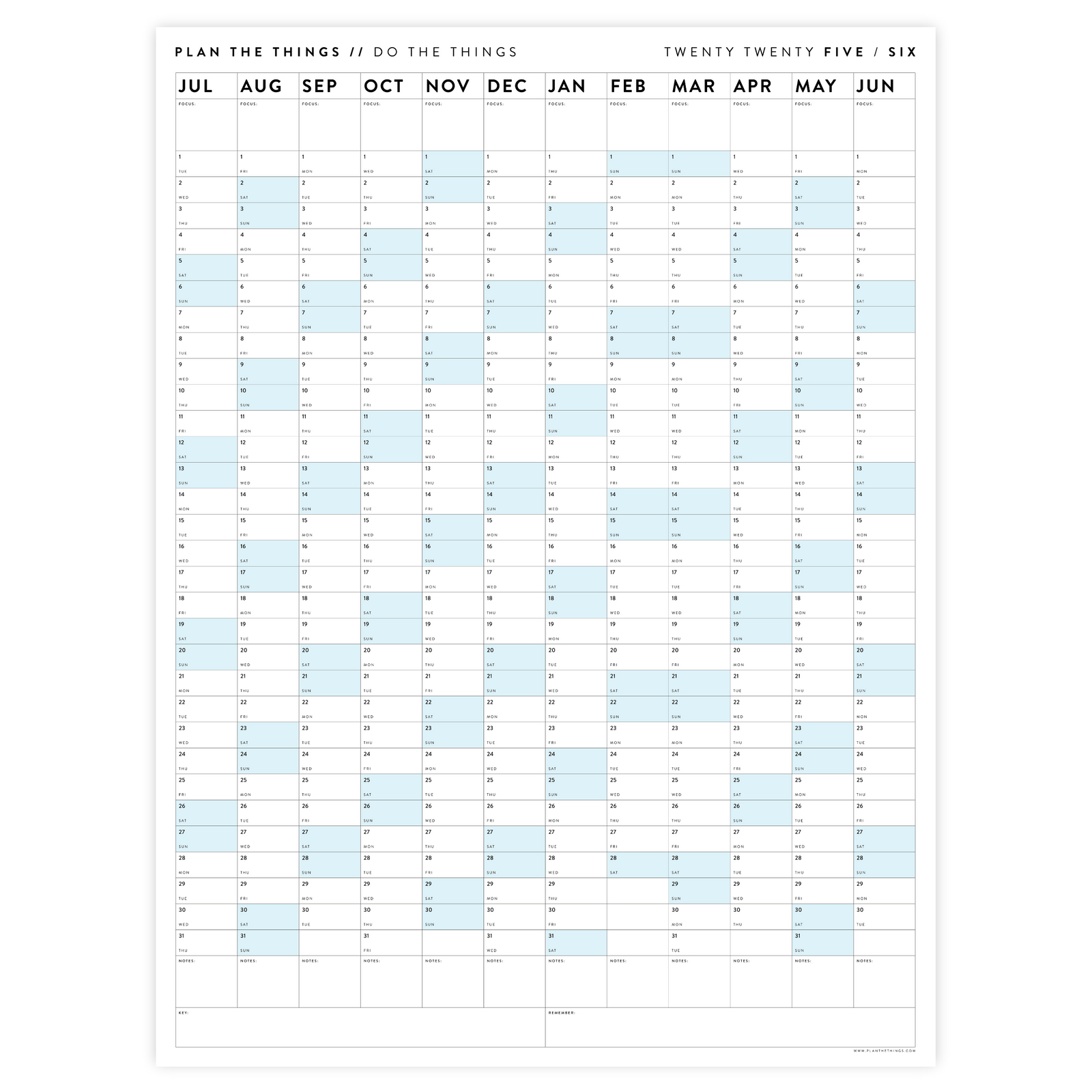 2025 - 2026 ACADEMIC WALL CALENDAR (JULY START) | VERTICAL WITH BLUE WEEKENDS