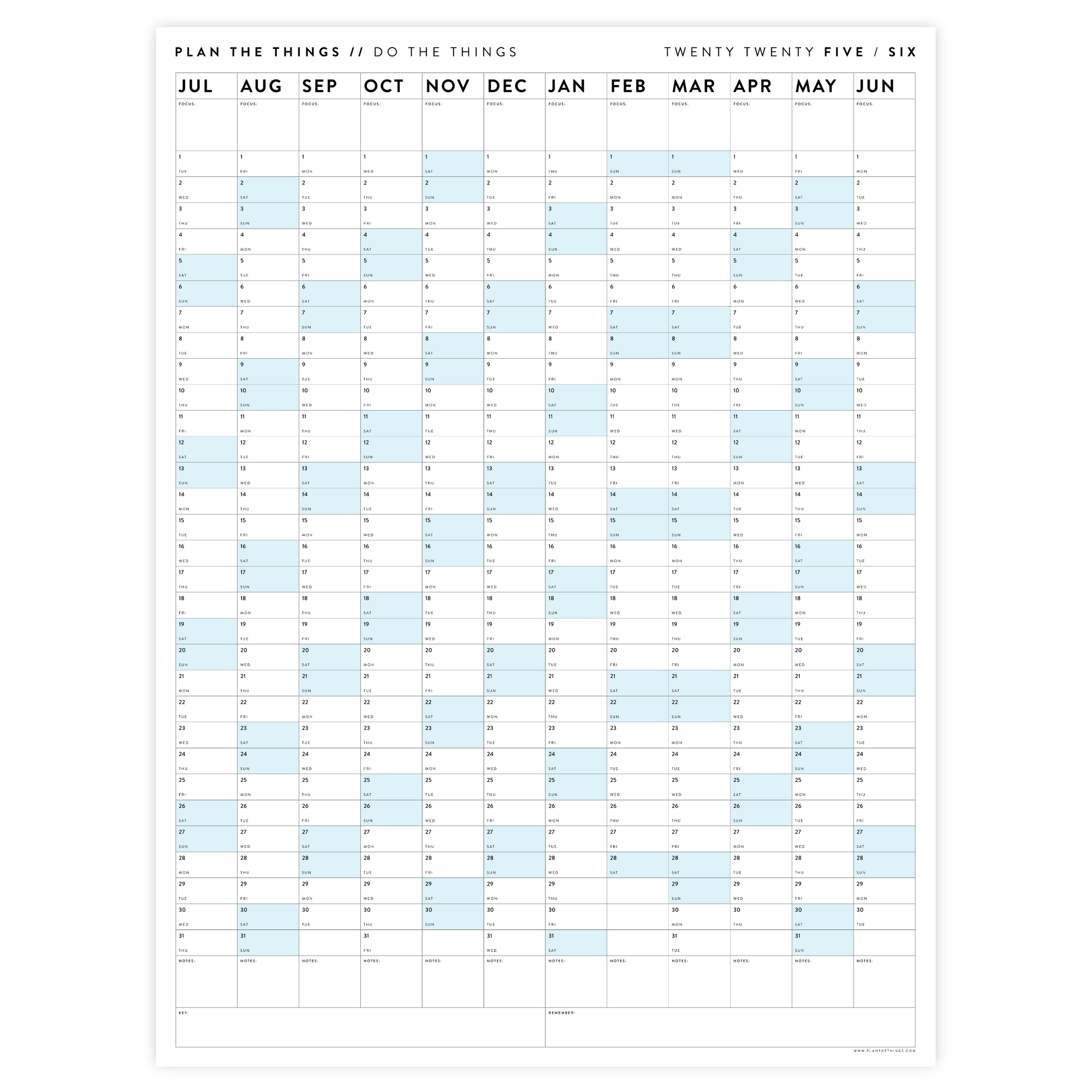 PRINTABLE 2025 - 2026 ACADEMIC WALL CALENDAR (JULY START) | VERTICAL WITH BLUE WEEKENDS - INSTANT DOWNLOAD