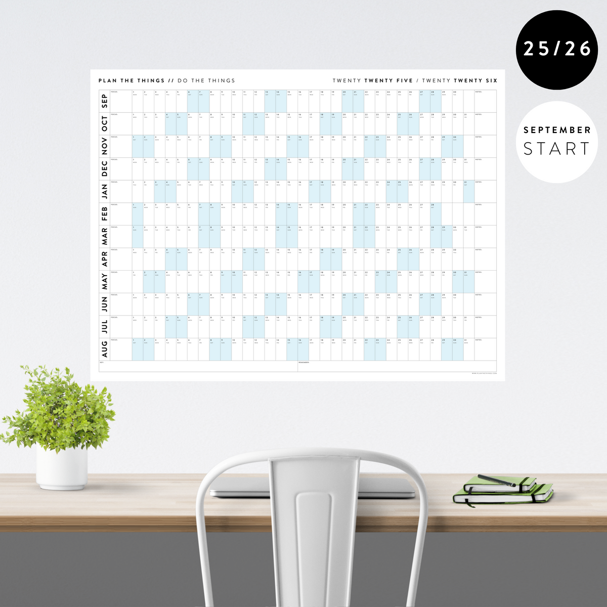 PRINTABLE 2025 - 2026 ACADEMIC WALL CALENDAR (SEPTEMBER START) | HORIZONTAL WITH BLUE WEEKENDS - INSTANT DOWNLOAD