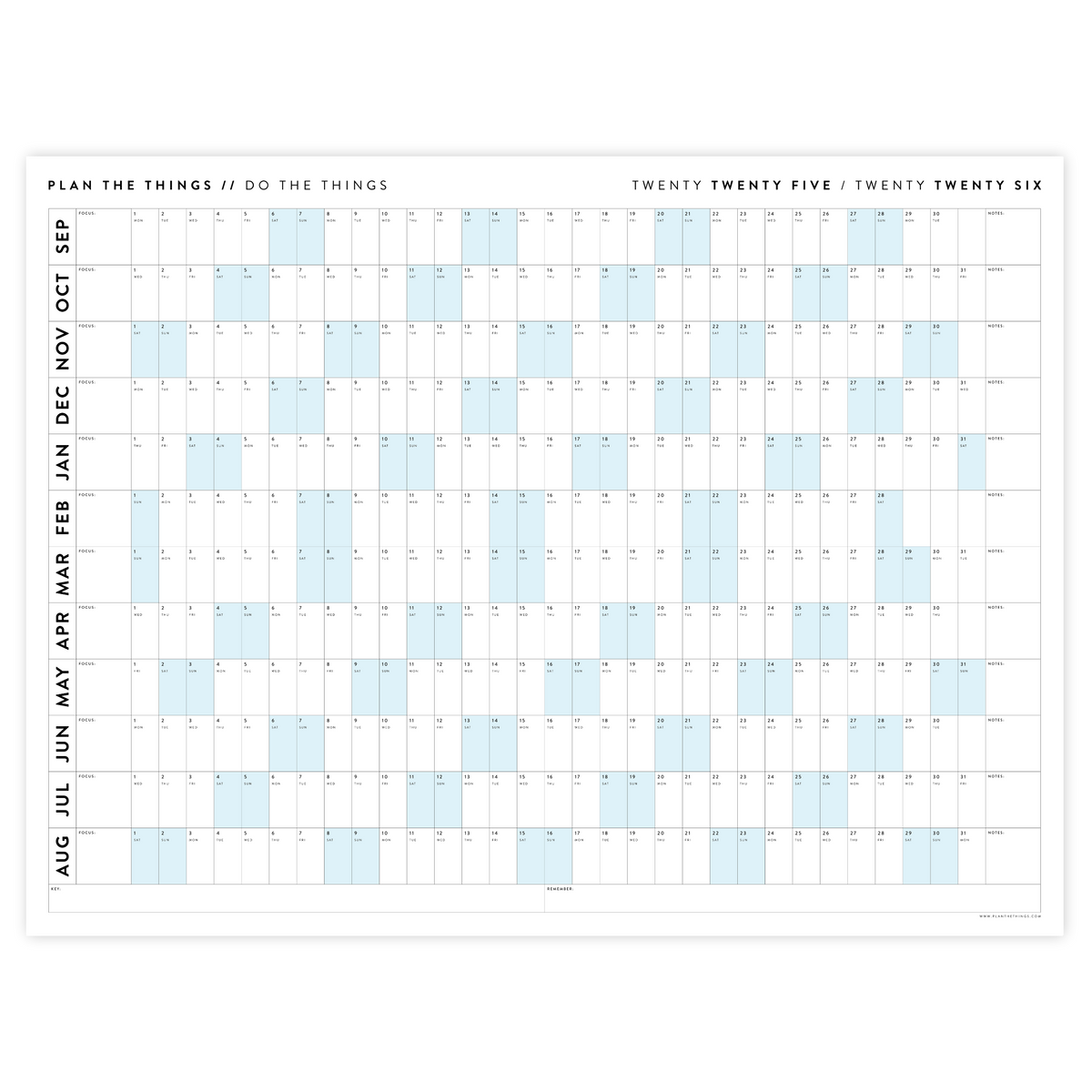 PRINTABLE 2025 - 2026 ACADEMIC WALL CALENDAR (SEPTEMBER START) | HORIZONTAL WITH BLUE WEEKENDS - INSTANT DOWNLOAD