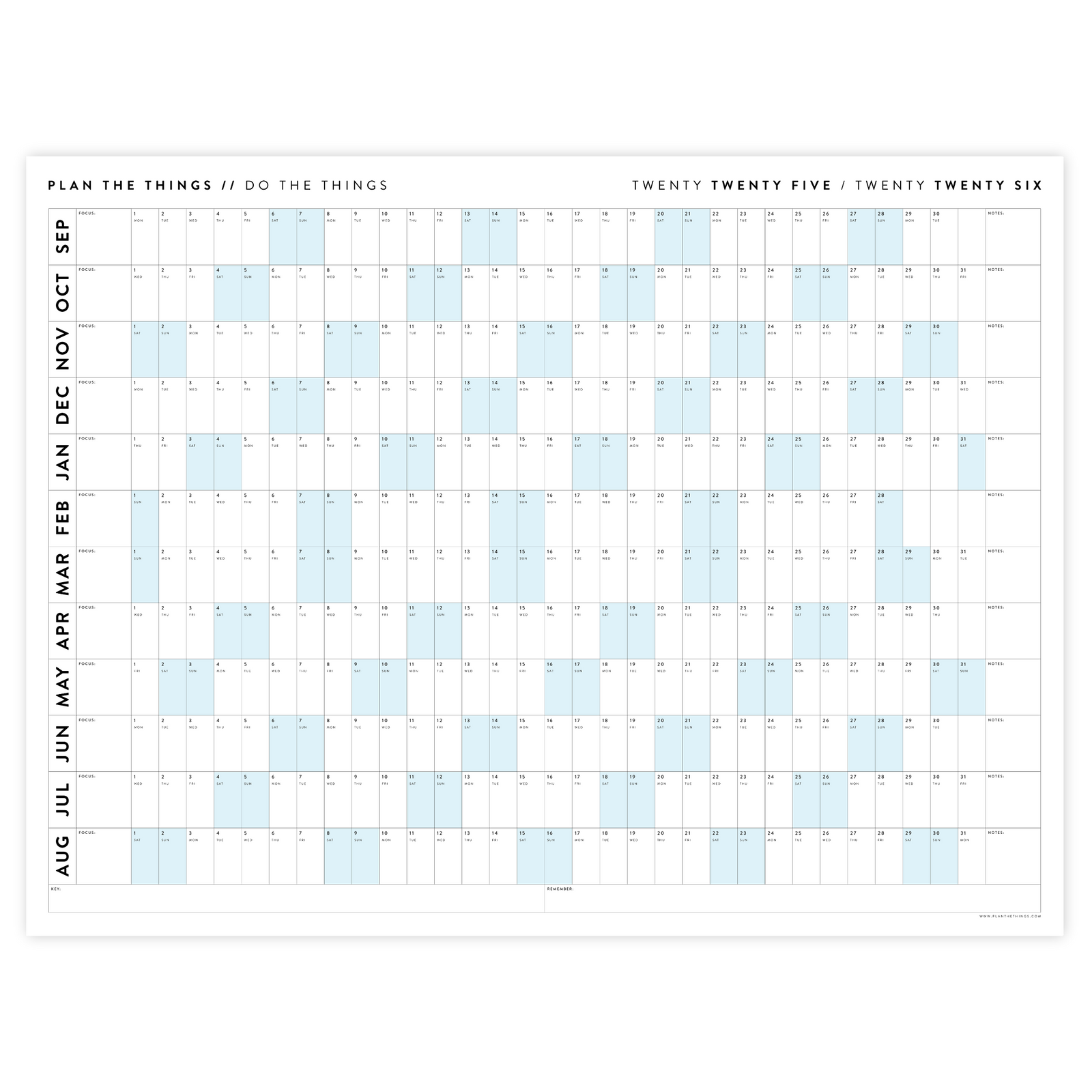 PRINTABLE 2025 - 2026 ACADEMIC WALL CALENDAR (SEPTEMBER START) | HORIZONTAL WITH BLUE WEEKENDS - INSTANT DOWNLOAD
