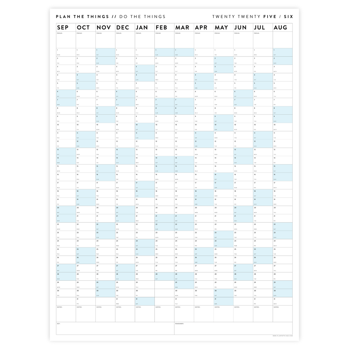 PRINTABLE 2025 - 2026 ACADEMIC WALL CALENDAR (SEPTEMBER START) | VERTICAL WITH BLUE WEEKENDS - INSTANT DOWNLOAD