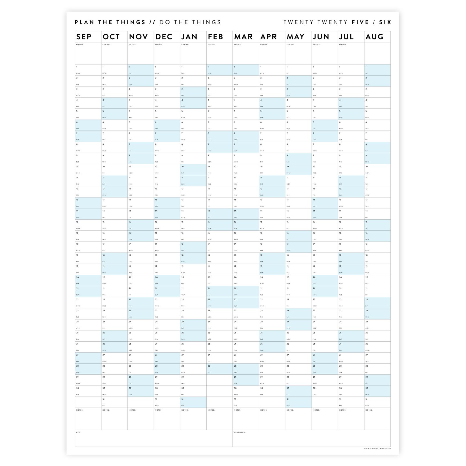 PRINTABLE 2025 - 2026 ACADEMIC WALL CALENDAR (SEPTEMBER START) | VERTICAL WITH BLUE WEEKENDS - INSTANT DOWNLOAD