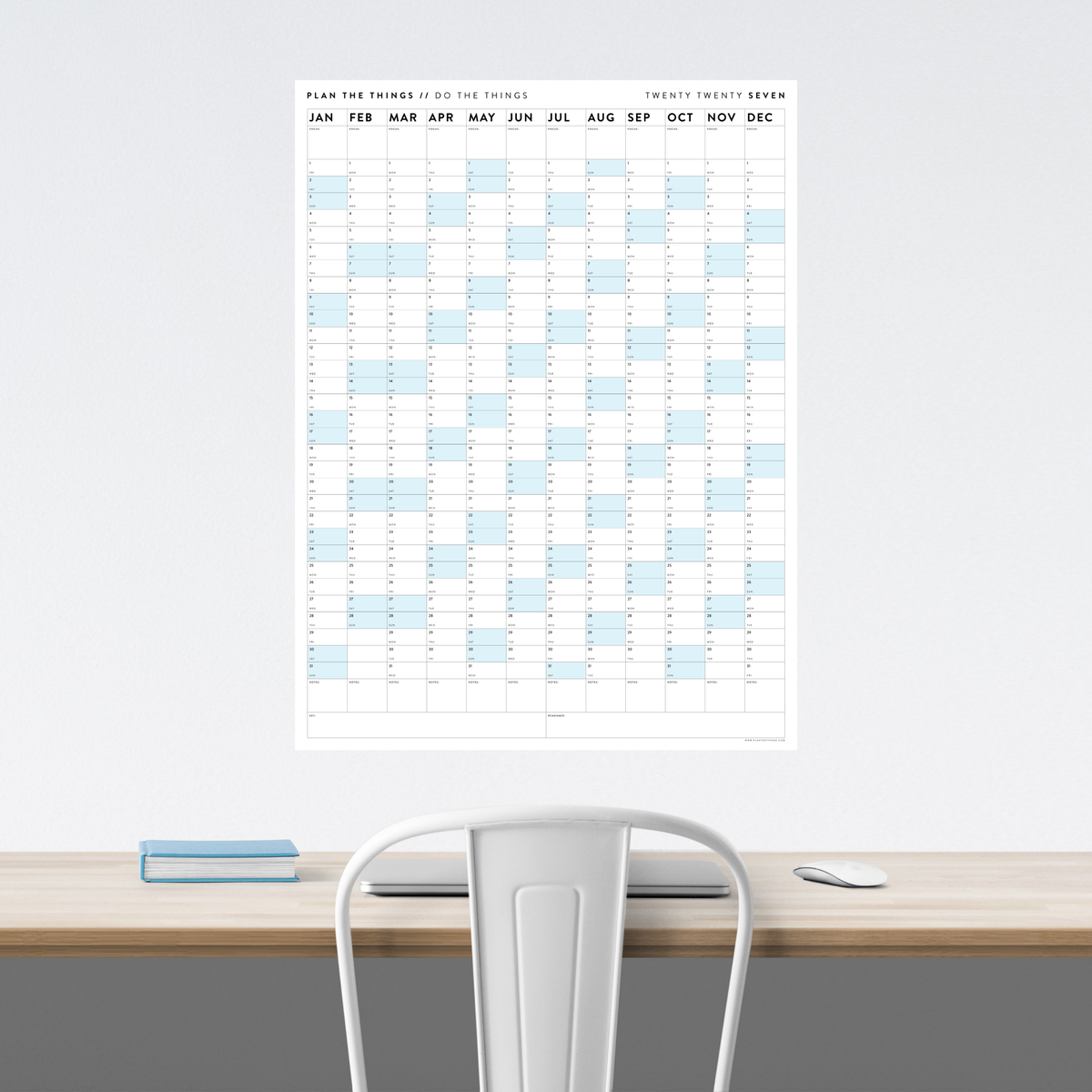 PRINTABLE VERTICAL 2027 WALL CALENDAR WITH BLUE WEEKENDS - INSTANT DOWNLOAD