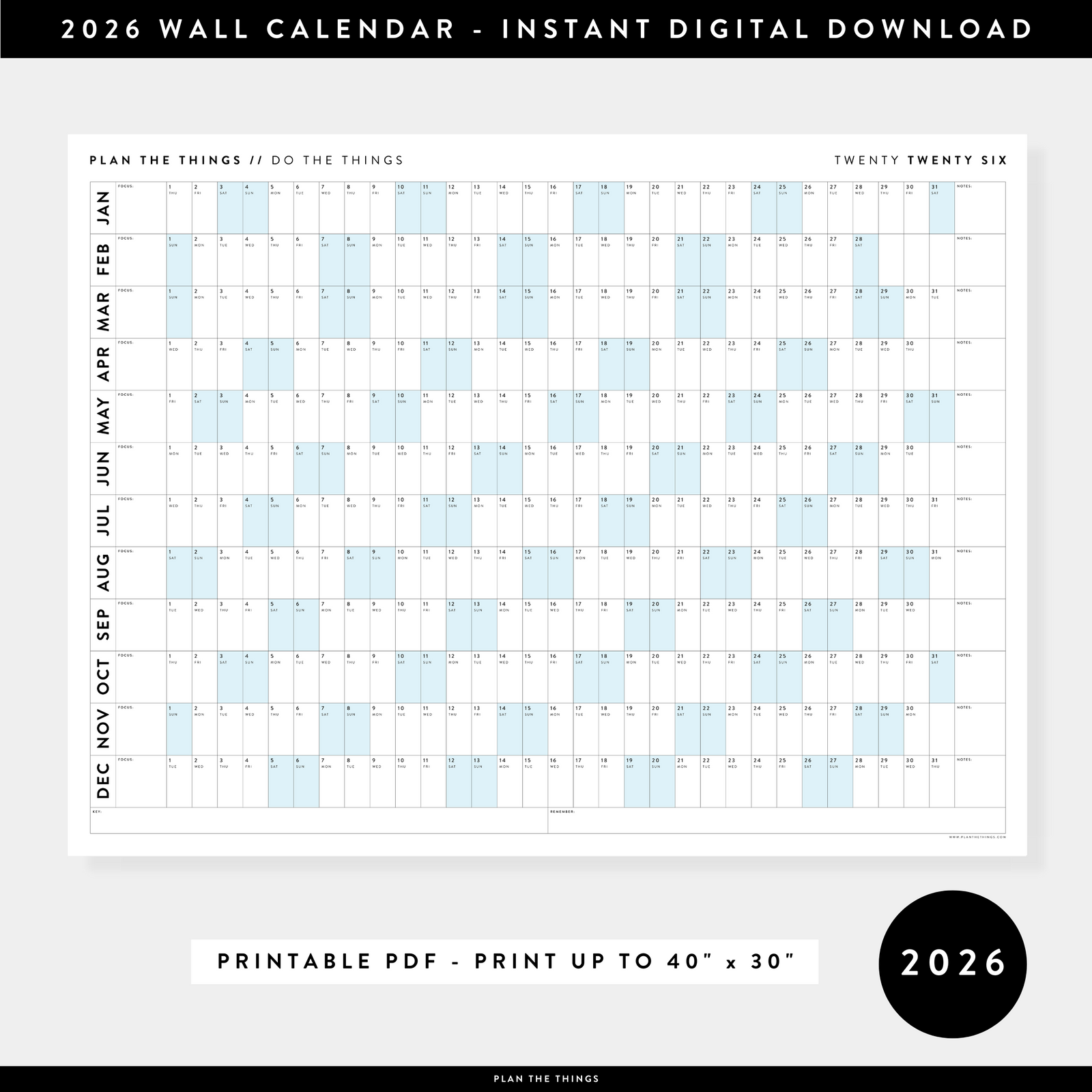 PRINTABLE 2026 HORIZONTAL WALL CALENDAR WITH BLUE WEEKENDS - INSTANT DOWNLOAD