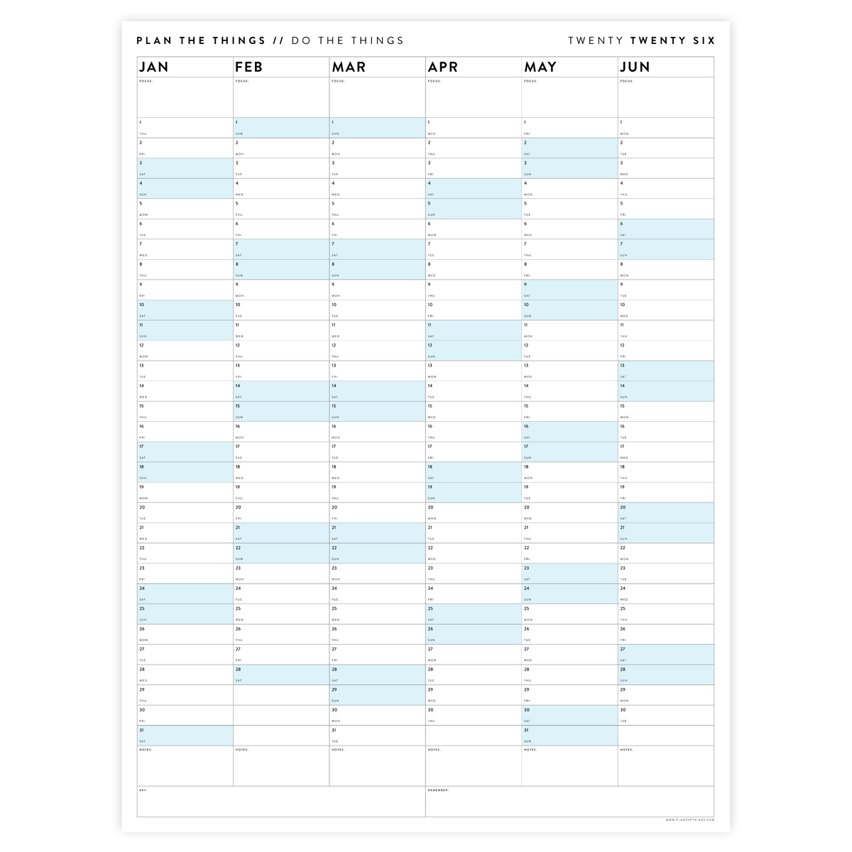 PRINTABLE SIX MONTH 2026 WALL CALENDAR (JANUARY TO JUNE) WITH BLUE WEEKENDS - INSTANT DOWNLOAD