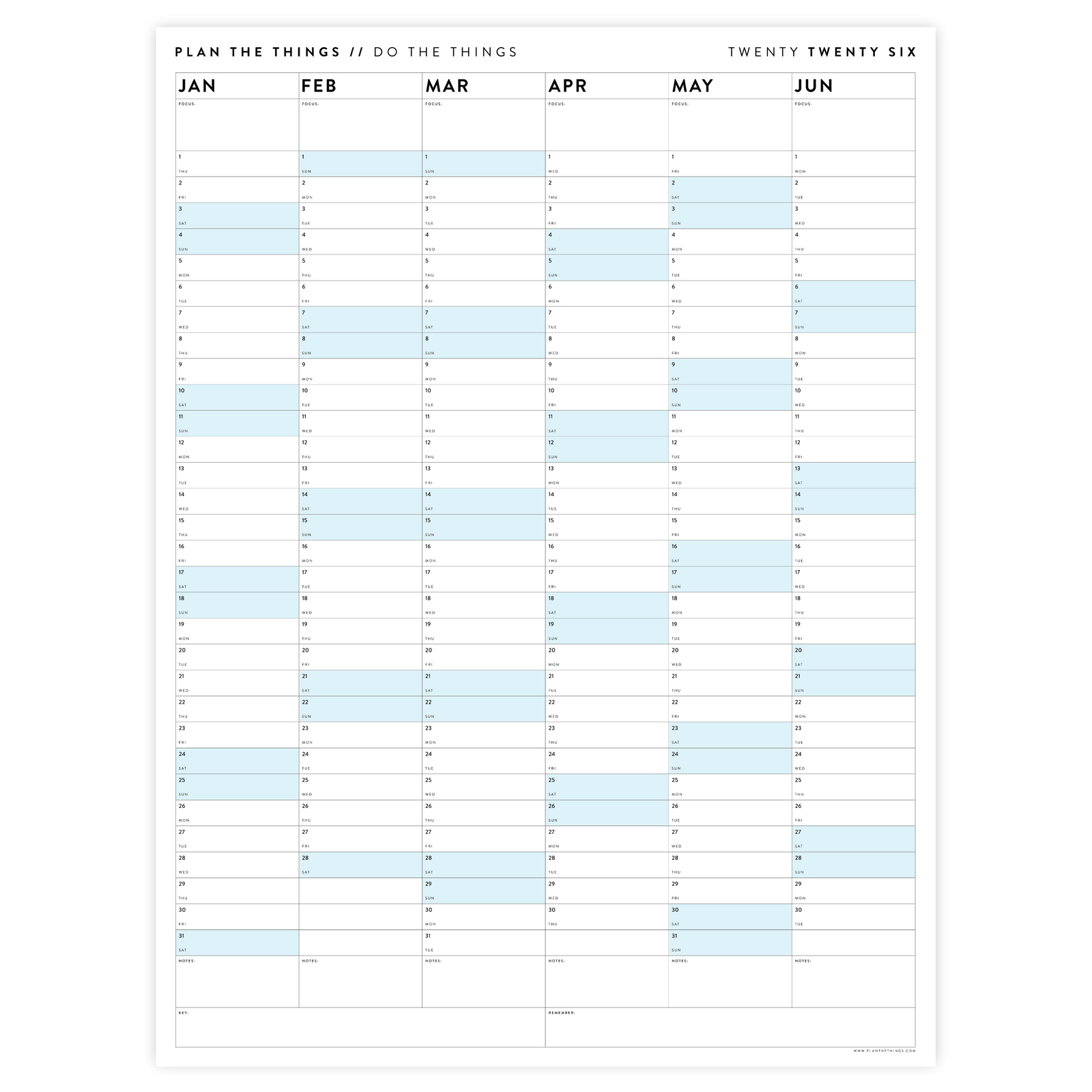 SIX MONTH 2026 GIANT WALL CALENDAR (JANUARY TO JUNE)  WITH BLUE WEEKENDS