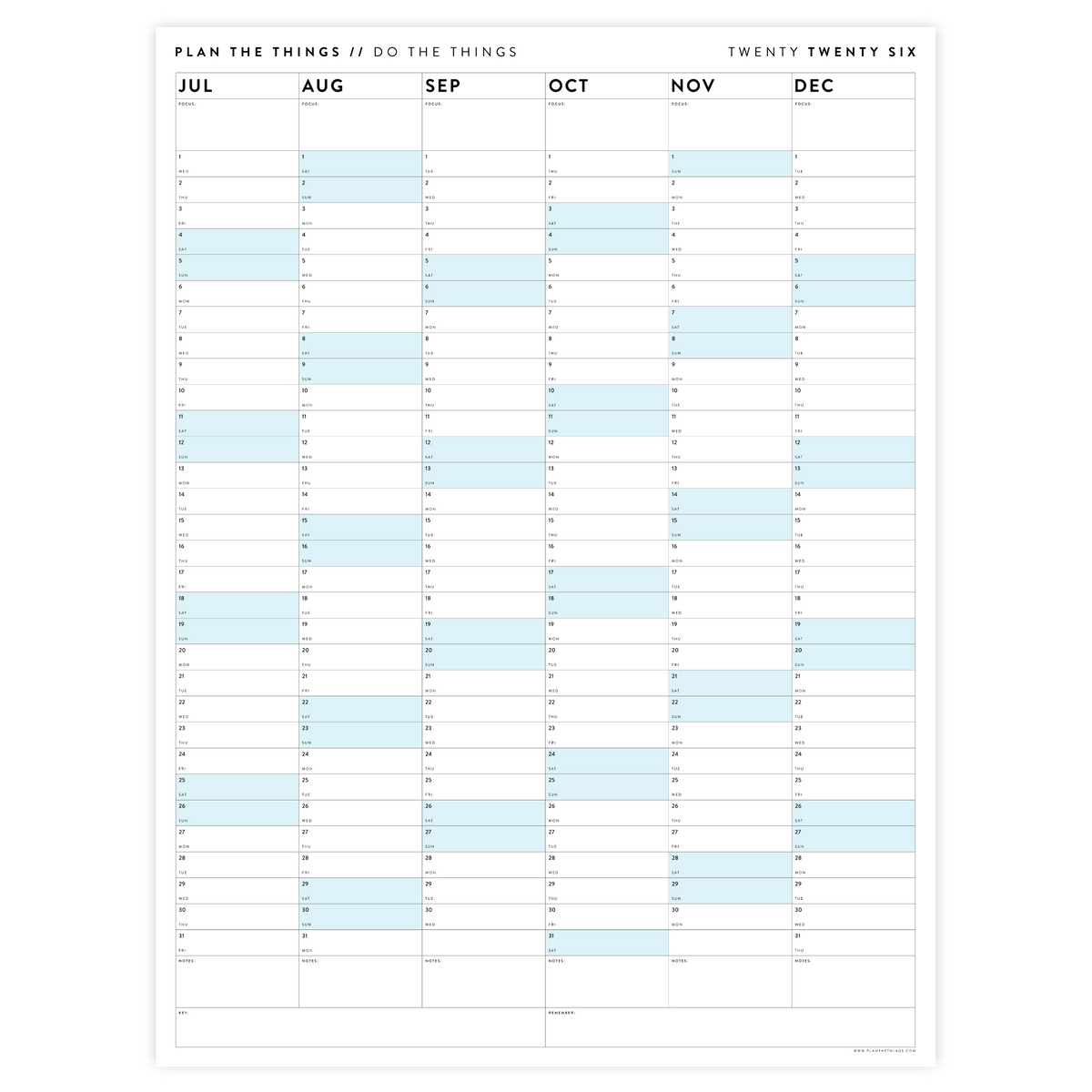 SIX MONTH 2026 GIANT WALL CALENDAR (JULY TO DECEMBER) WITH BLUE WEEKENDS