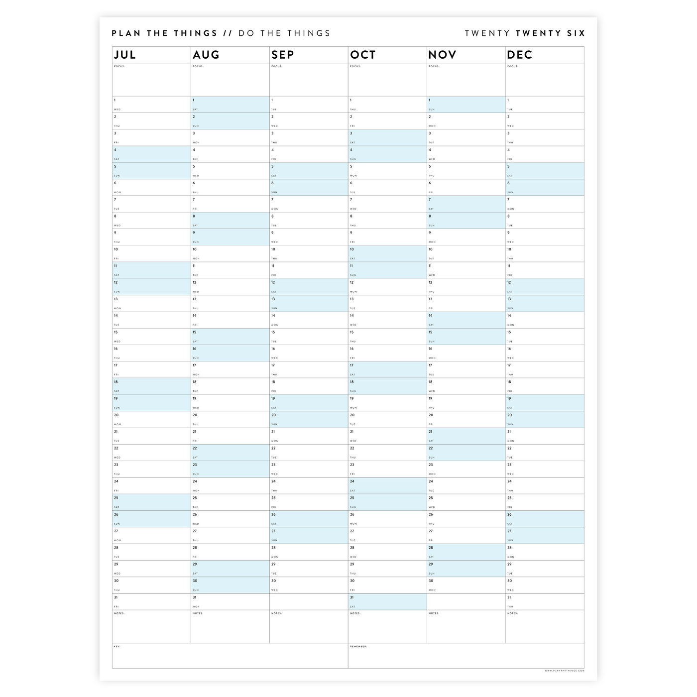 2026 SIX MONTH CALENDARS | JULY - DECEMBER - Plan The Things
