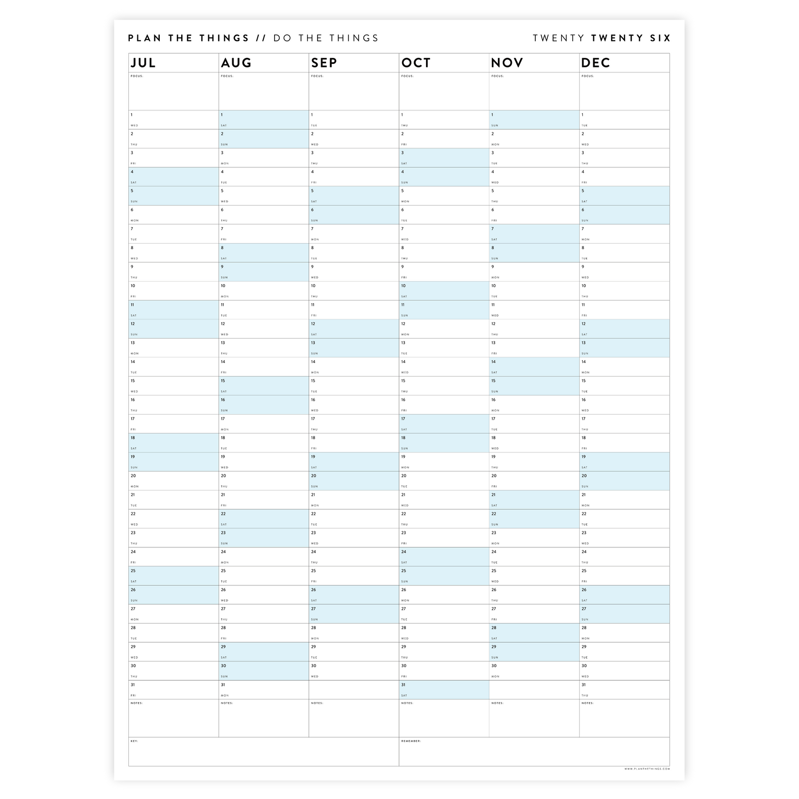 SIX MONTH 2026 GIANT WALL CALENDAR (JULY TO DECEMBER) WITH BLUE WEEKENDS