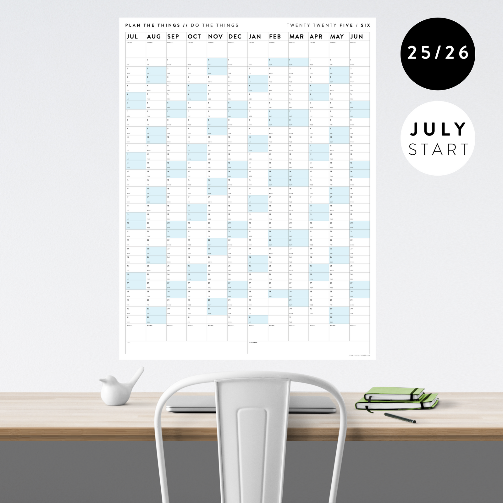 2025 - 2026 ACADEMIC WALL CALENDAR (JULY START) | VERTICAL WITH BLUE WEEKENDS