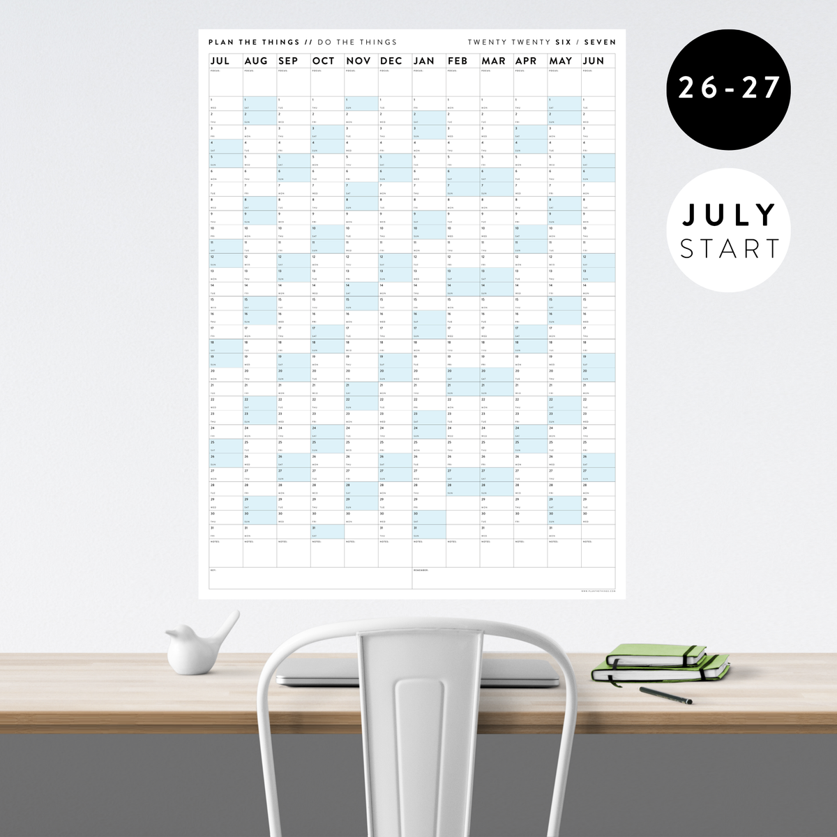 2026 - 2027 ACADEMIC WALL CALENDAR (JULY START) | VERTICAL WITH BLUE WEEKENDS