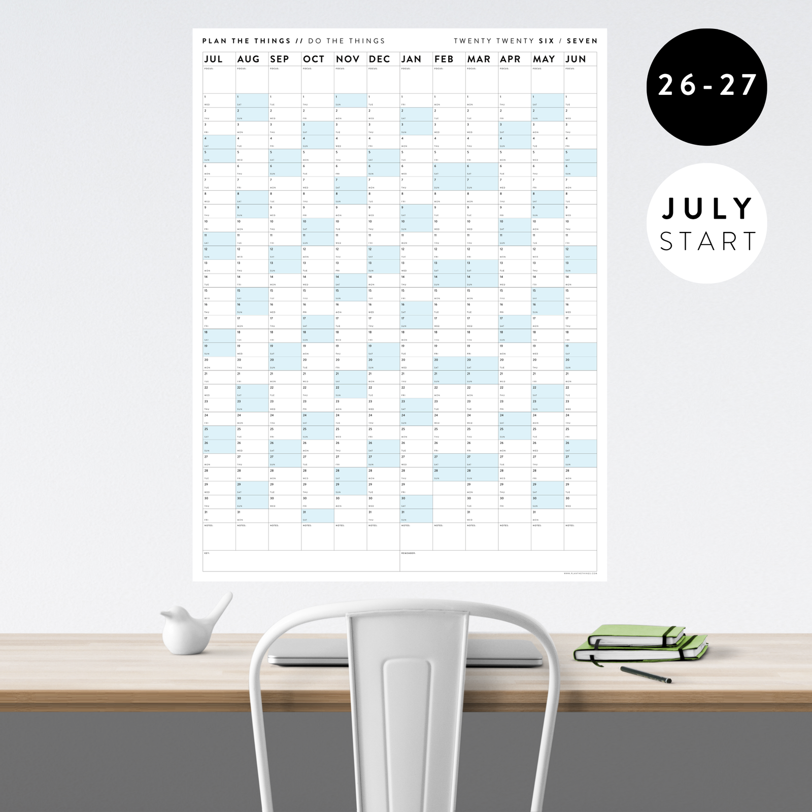 2026 - 2027 ACADEMIC WALL CALENDAR (JULY START) | VERTICAL WITH BLUE WEEKENDS