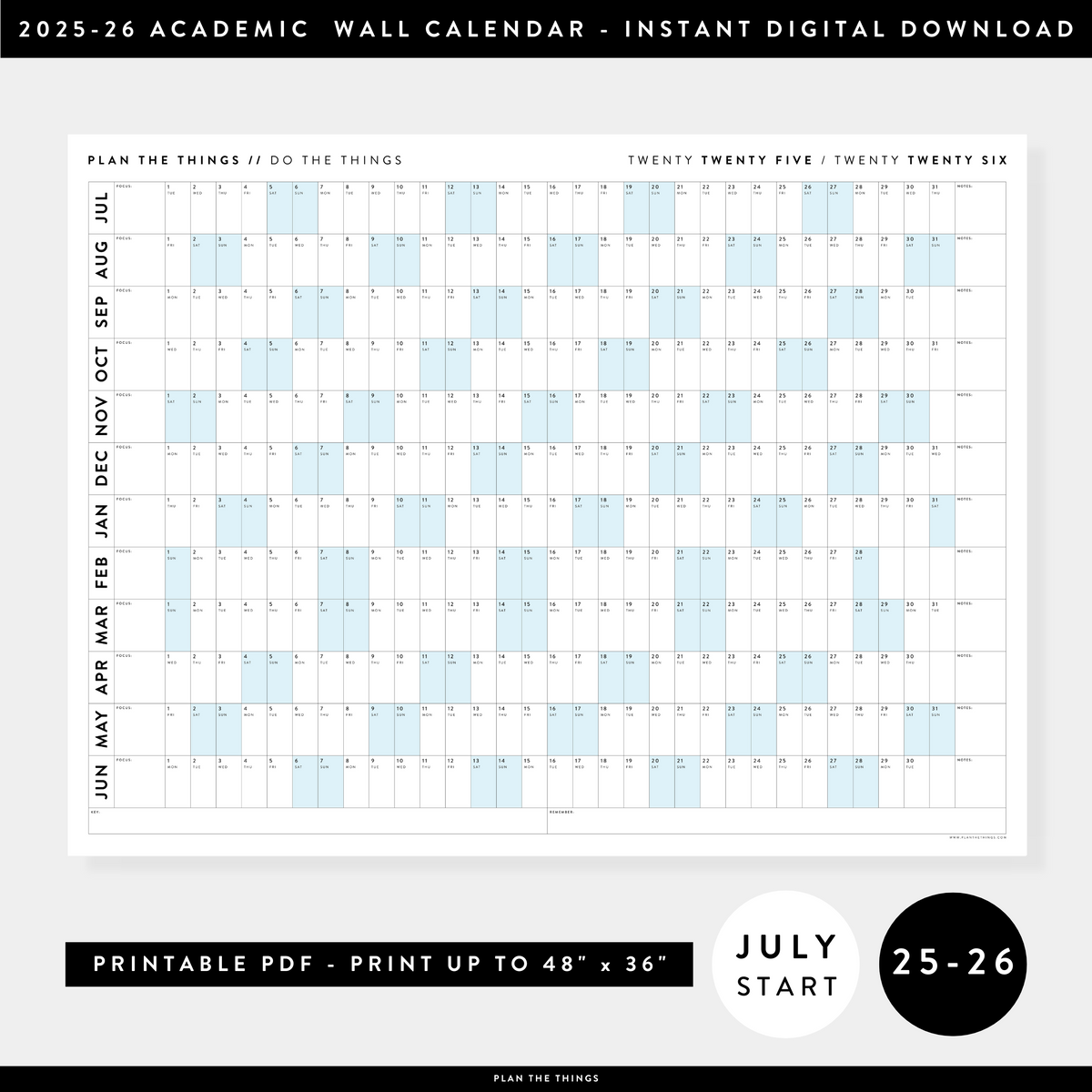 PRINTABLE 2025 - 2026 ACADEMIC WALL CALENDAR (JULY START) | HORIZONTAL WITH BLUE WEEKENDS - INSTANT DOWNLOAD