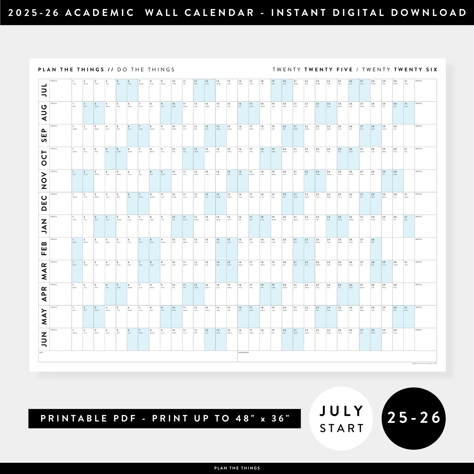 PRINTABLE 2025 - 2026 ACADEMIC WALL CALENDAR (JULY START) | HORIZONTAL WITH BLUE WEEKENDS - INSTANT DOWNLOAD