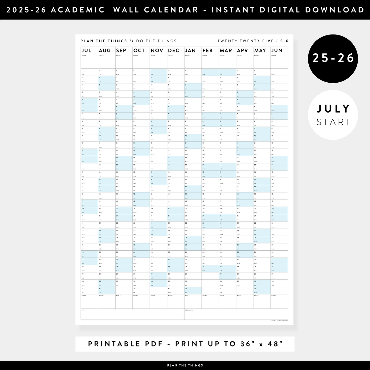 PRINTABLE 2025 - 2026 ACADEMIC WALL CALENDAR (JULY START) | VERTICAL WITH BLUE WEEKENDS - INSTANT DOWNLOAD