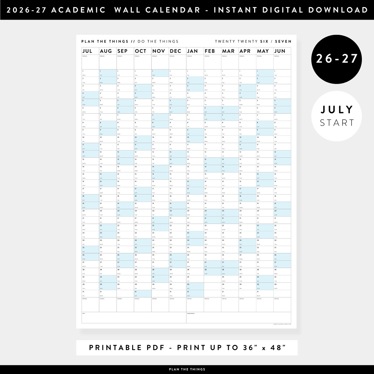 PRINTABLE 2026 - 2027 ACADEMIC WALL CALENDAR (JULY START) | VERTICAL WITH BLUE WEEKENDS - INSTANT DOWNLOAD