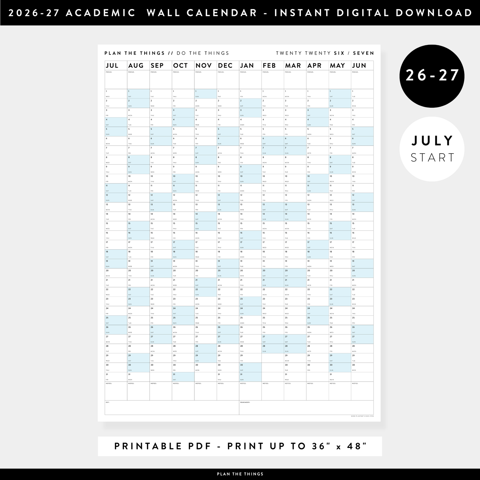 PRINTABLE 2026 - 2027 ACADEMIC WALL CALENDAR (JULY START) | VERTICAL WITH BLUE WEEKENDS - INSTANT DOWNLOAD