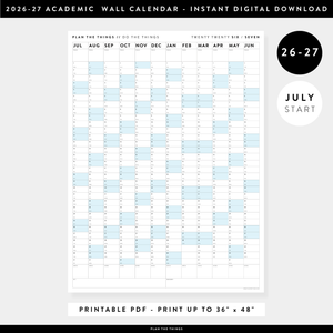 PRINTABLE 2026 - 2027 ACADEMIC WALL CALENDAR (JULY START) | VERTICAL WITH BLUE WEEKENDS - INSTANT DOWNLOAD
