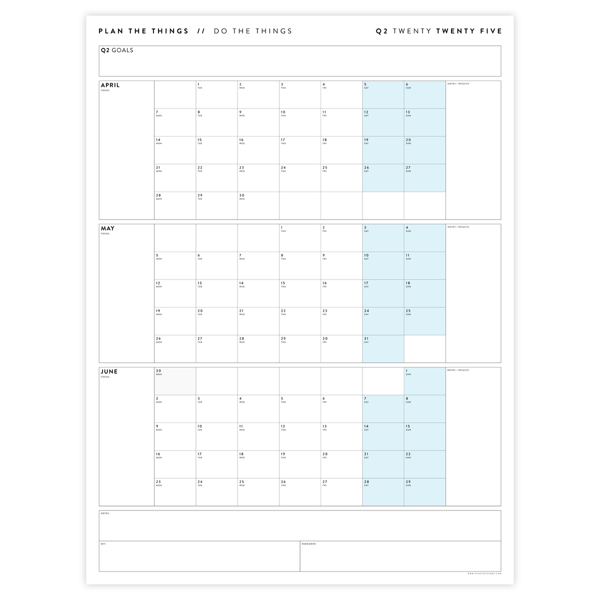 Q2 2025 QUARTERLY GIANT WALL CALENDAR (APRIL - JUNE 2025) - BLUE WEEKENDS