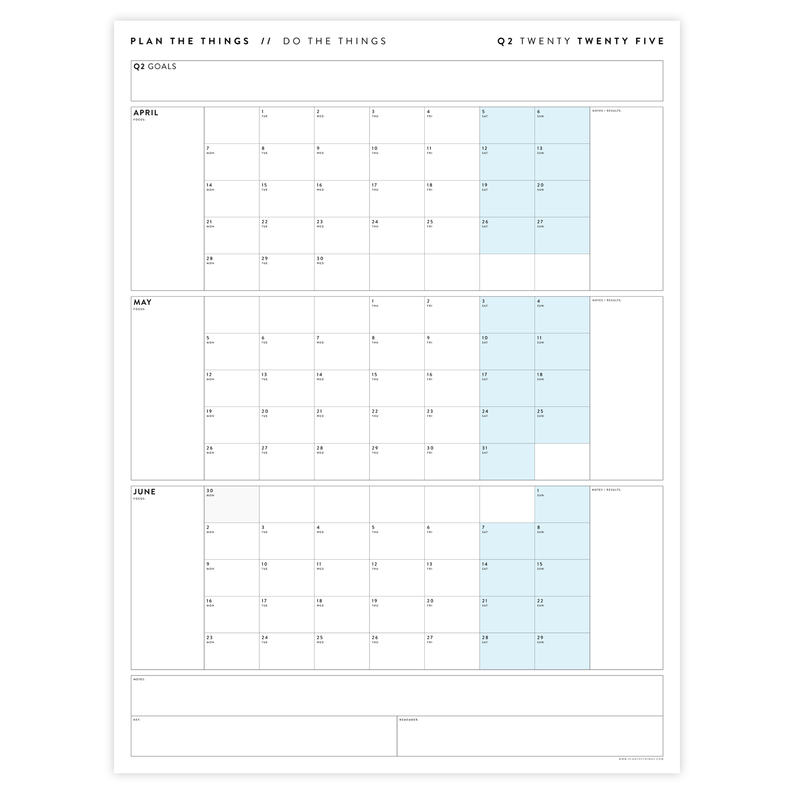 Q2 2025 QUARTERLY GIANT WALL CALENDAR (APRIL - JUNE 2025) - BLUE WEEKENDS