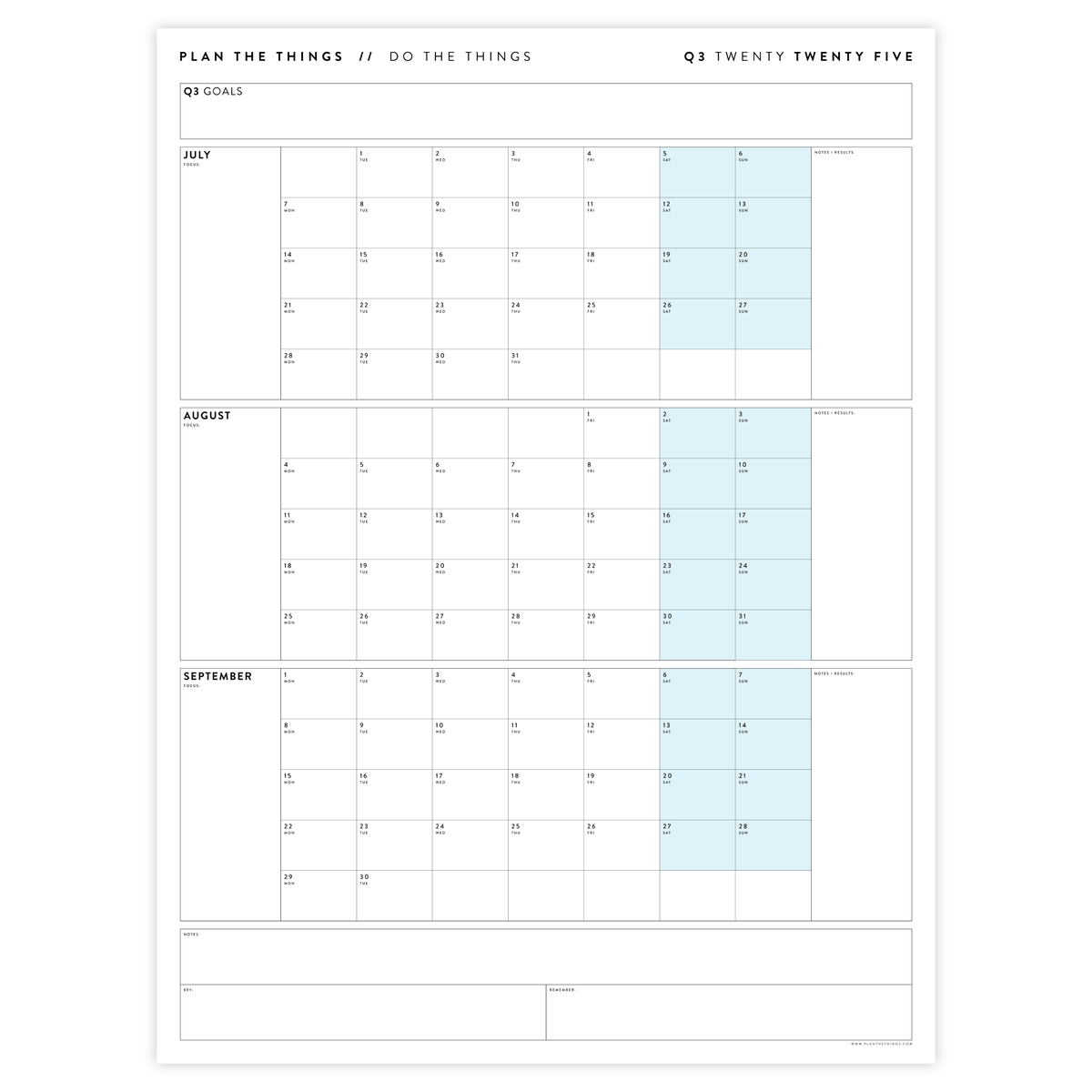 Q3 2025 QUARTERLY GIANT WALL CALENDAR (JULY - SEPTEMBER 2025) - BLUE WEEKENDS
