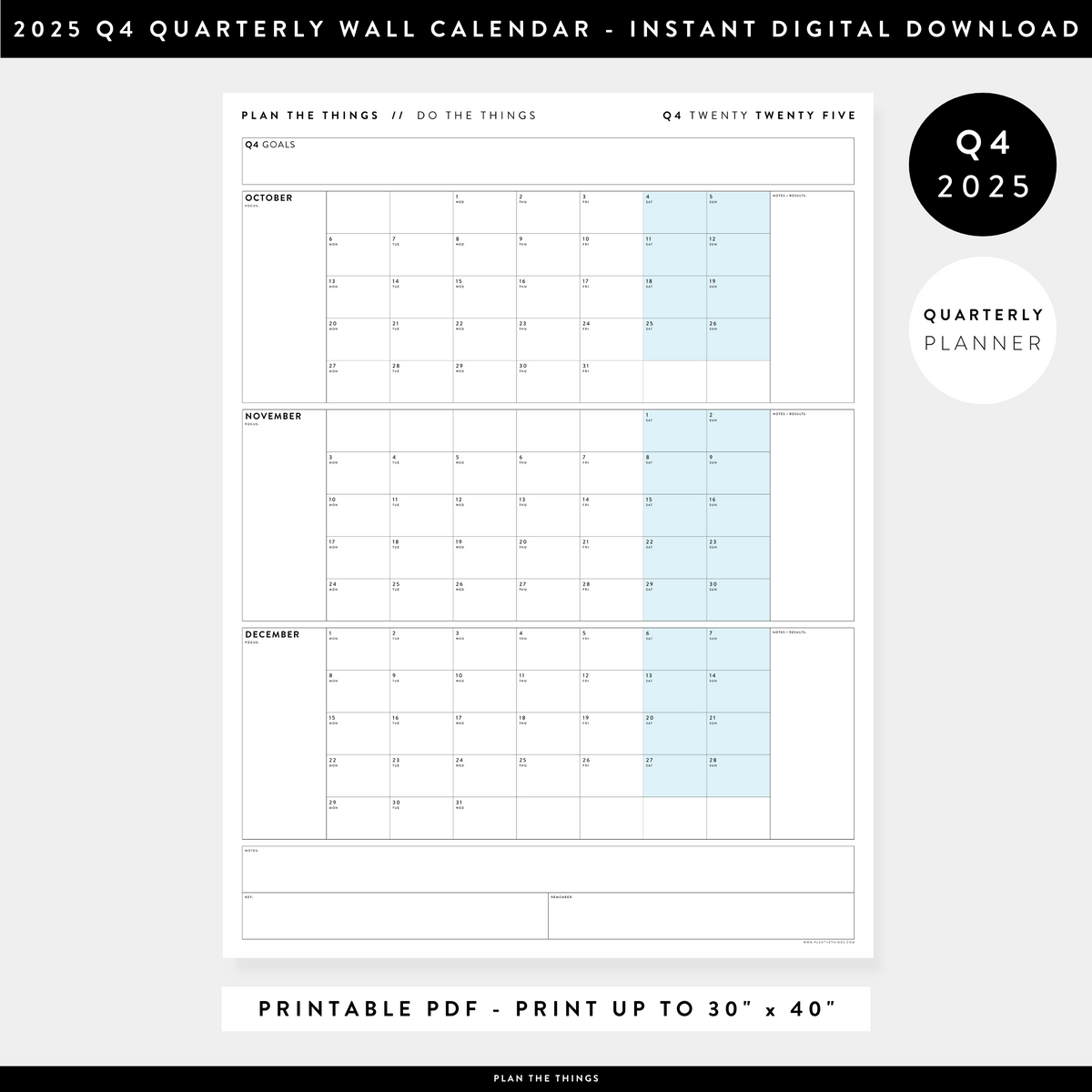 PRINTABLE Q4 (OCTOBER - DECEMBER) 2025 QUARTERLY WALL CALENDAR (BLUE) - INSTANT PDF DOWNLOAD
