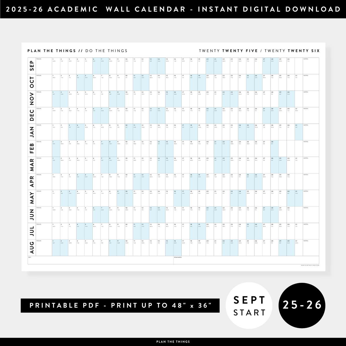 PRINTABLE 2025 - 2026 ACADEMIC WALL CALENDAR (SEPTEMBER START) | HORIZONTAL WITH BLUE WEEKENDS - INSTANT DOWNLOAD