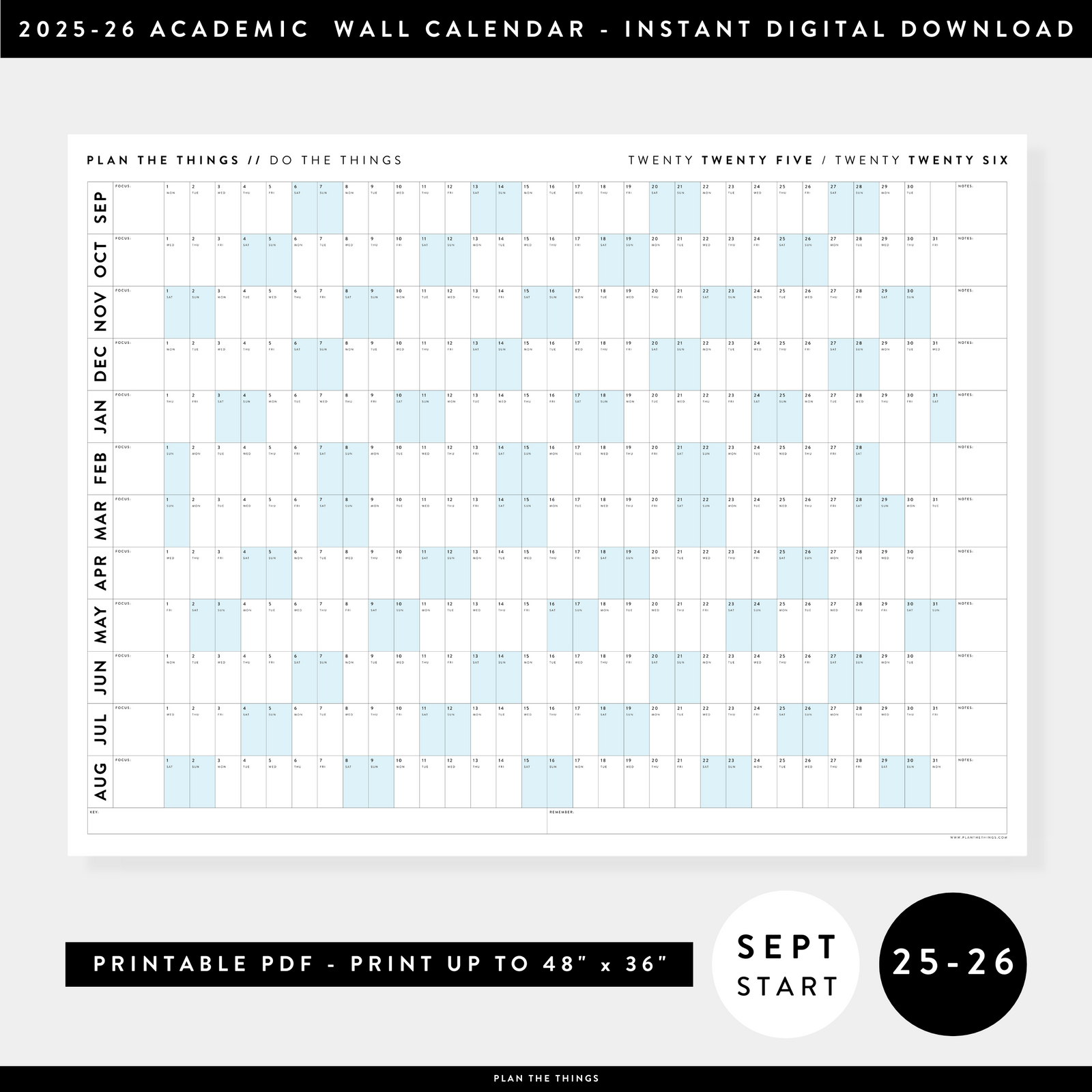 PRINTABLE 2025 - 2026 ACADEMIC WALL CALENDAR (SEPTEMBER START) | HORIZONTAL WITH BLUE WEEKENDS - INSTANT DOWNLOAD