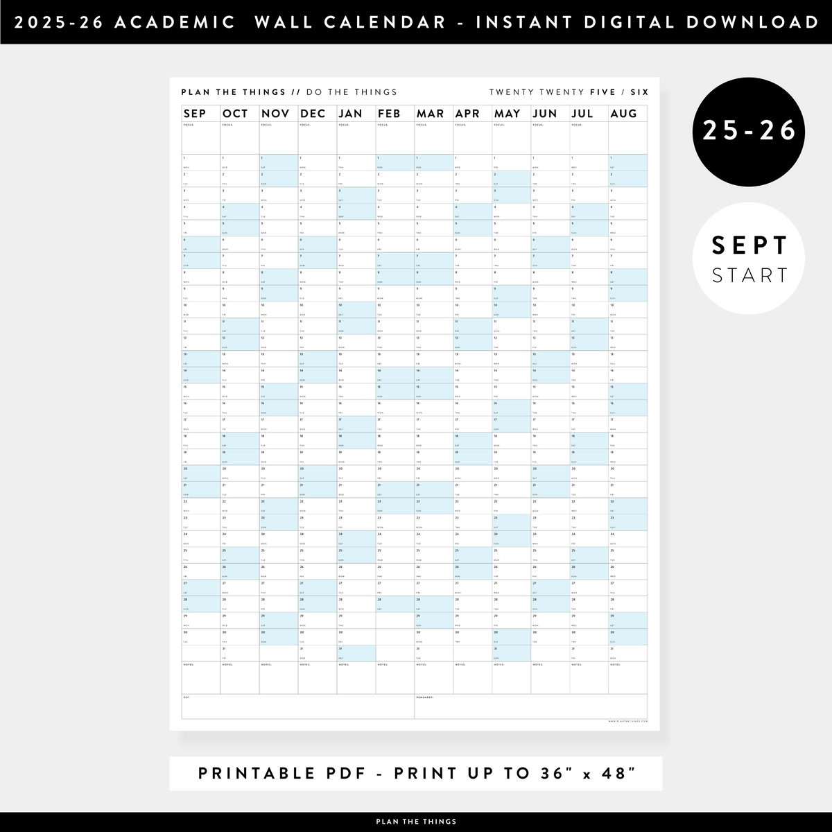 PRINTABLE 2025 - 2026 ACADEMIC WALL CALENDAR (SEPTEMBER START) | VERTICAL WITH BLUE WEEKENDS - INSTANT DOWNLOAD