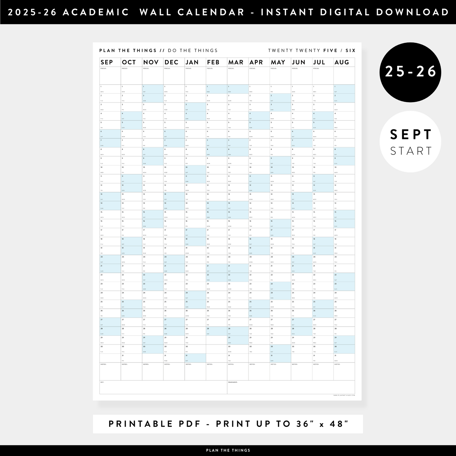 PRINTABLE 2025 - 2026 ACADEMIC WALL CALENDAR (SEPTEMBER START) | VERTICAL WITH BLUE WEEKENDS - INSTANT DOWNLOAD