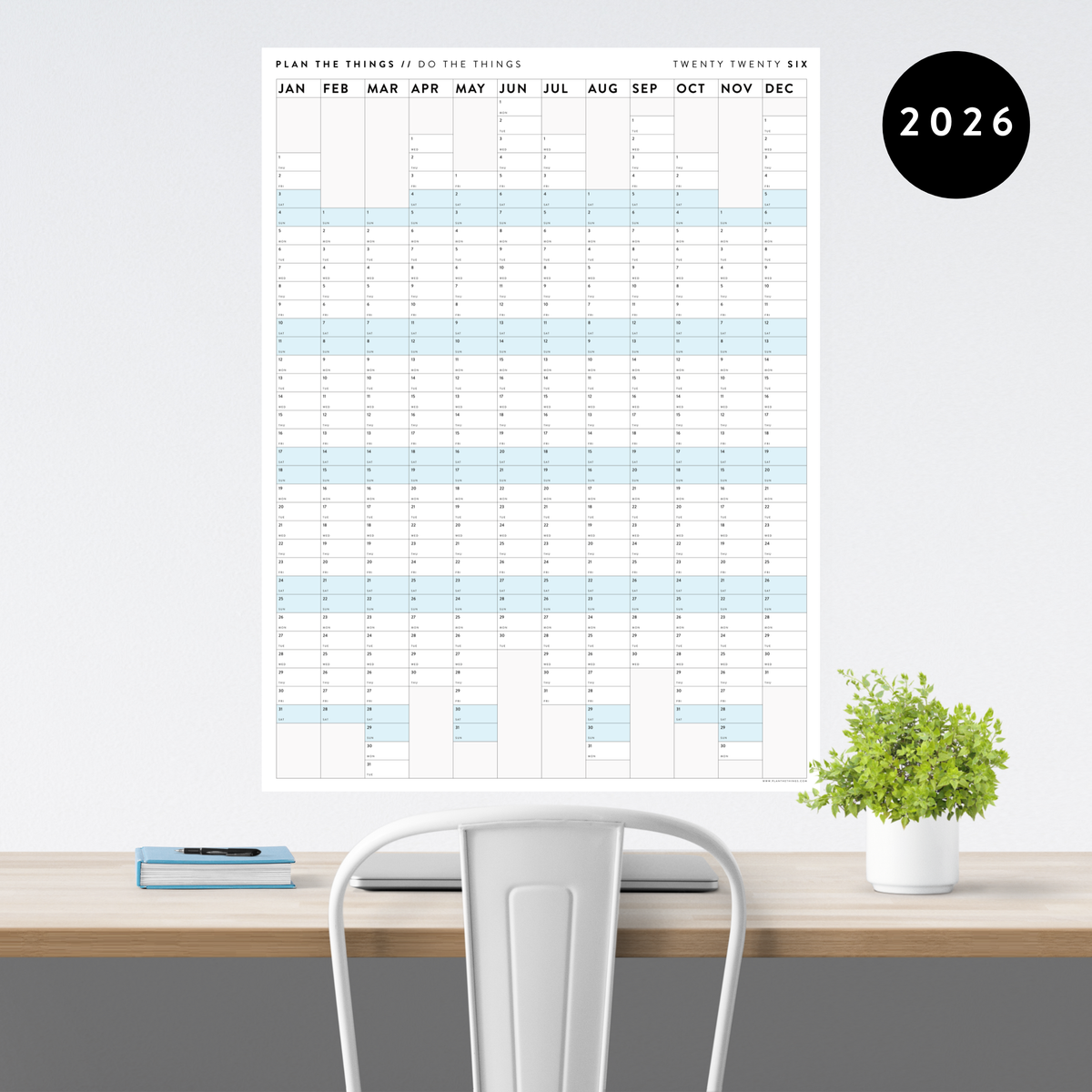 NEW! PRINTABLE VERTICAL 2026 WALL CALENDAR WITH ALIGNED BLUE WEEKENDS - INSTANT DOWNLOAD