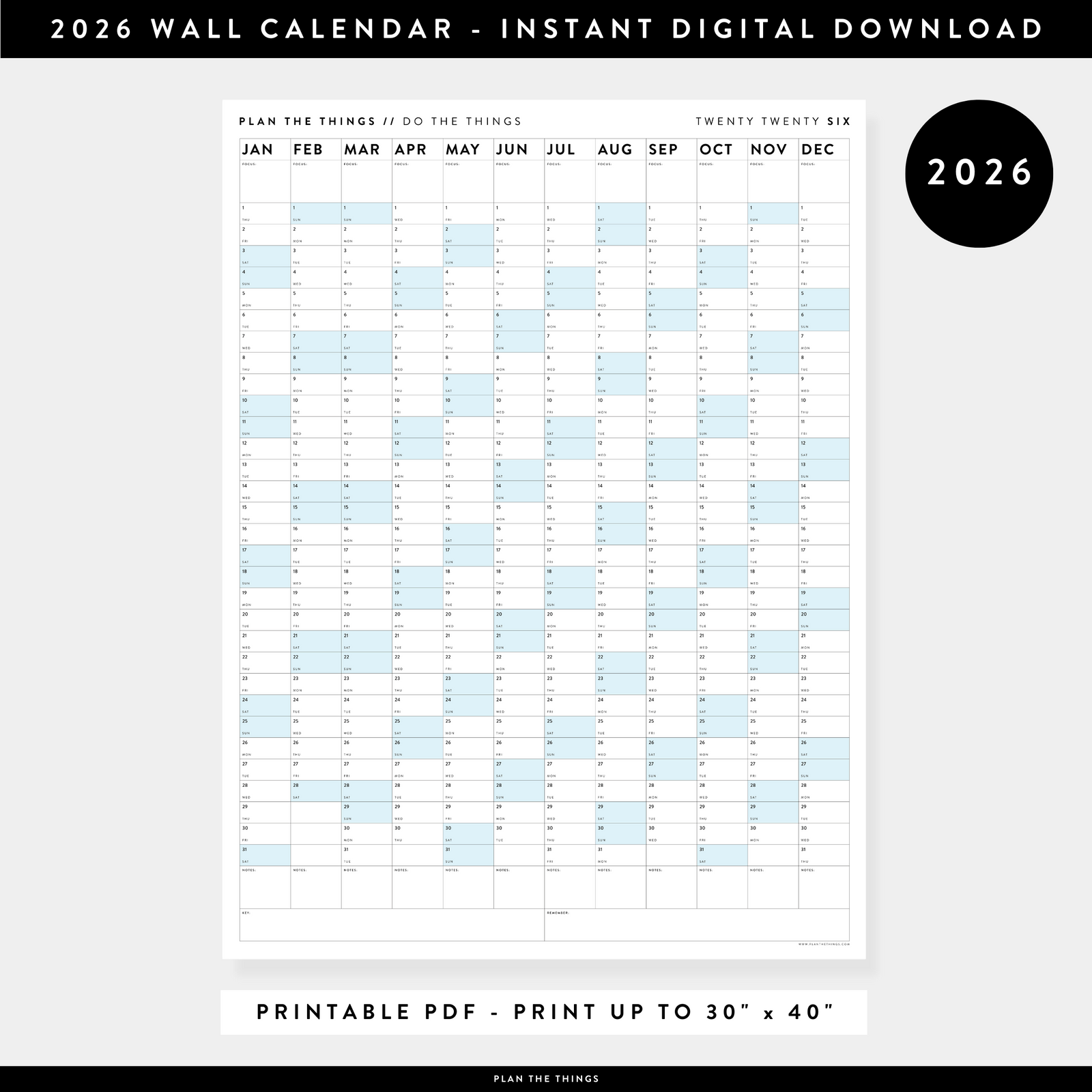 PRINTABLE VERTICAL 2026 WALL CALENDAR WITH BLUE WEEKENDS - INSTANT DOWNLOAD