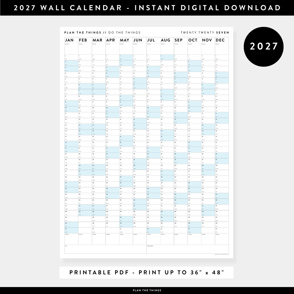 PRINTABLE VERTICAL 2027 WALL CALENDAR WITH BLUE WEEKENDS - INSTANT DOWNLOAD