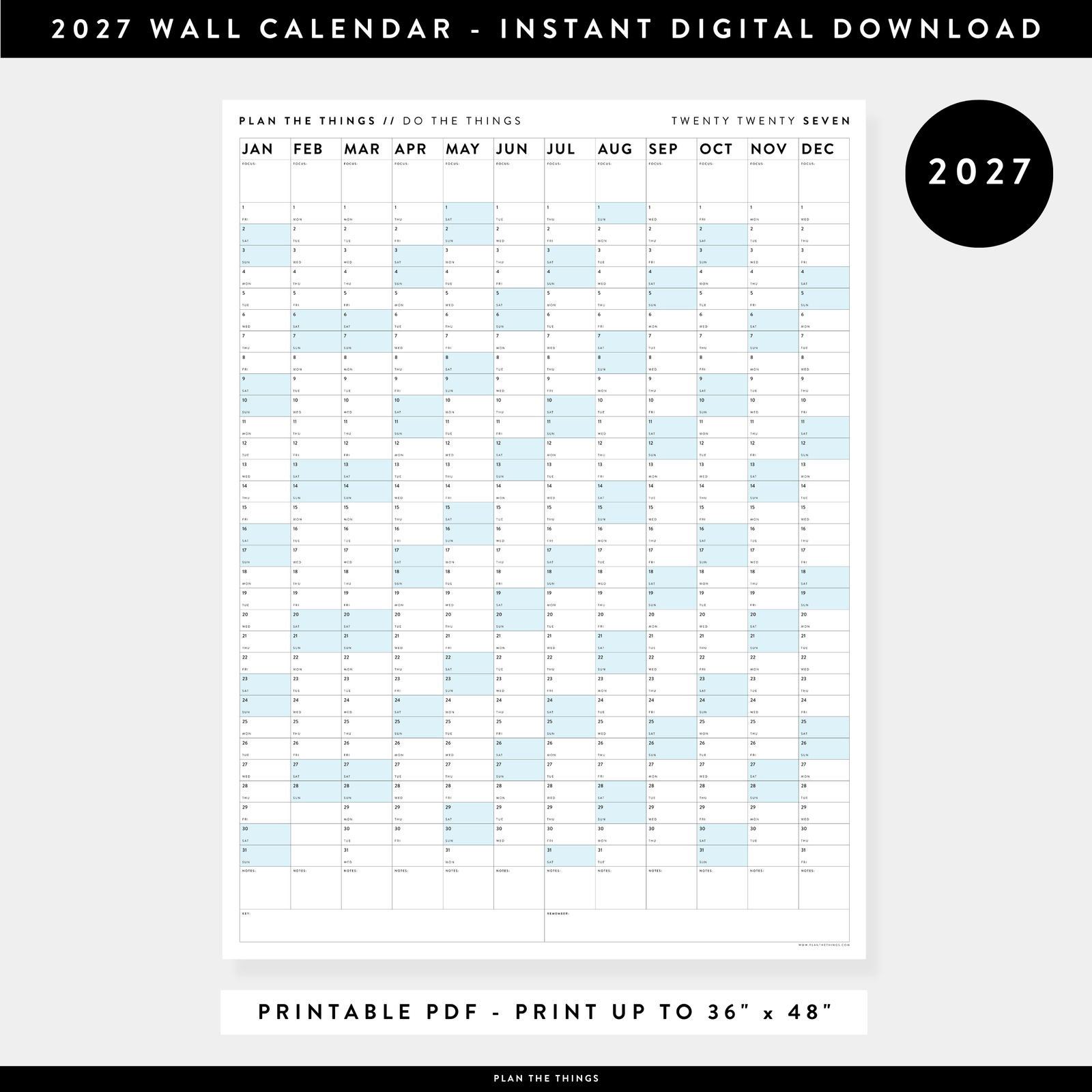PRINTABLE VERTICAL 2027 WALL CALENDAR WITH BLUE WEEKENDS - INSTANT DOWNLOAD