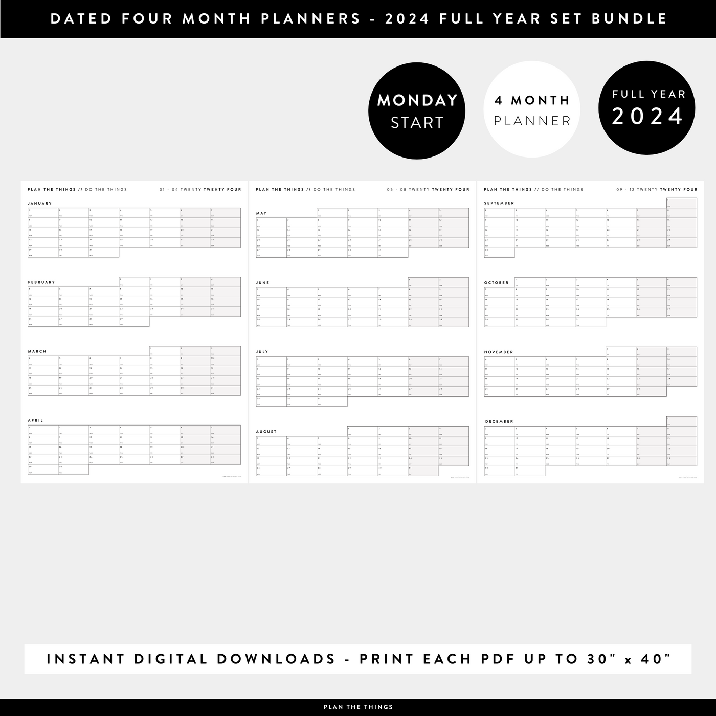 PRINTABLE 2024 FOUR MONTH WALL CALENDARS // INSTANT DOWNLOAD Plan The