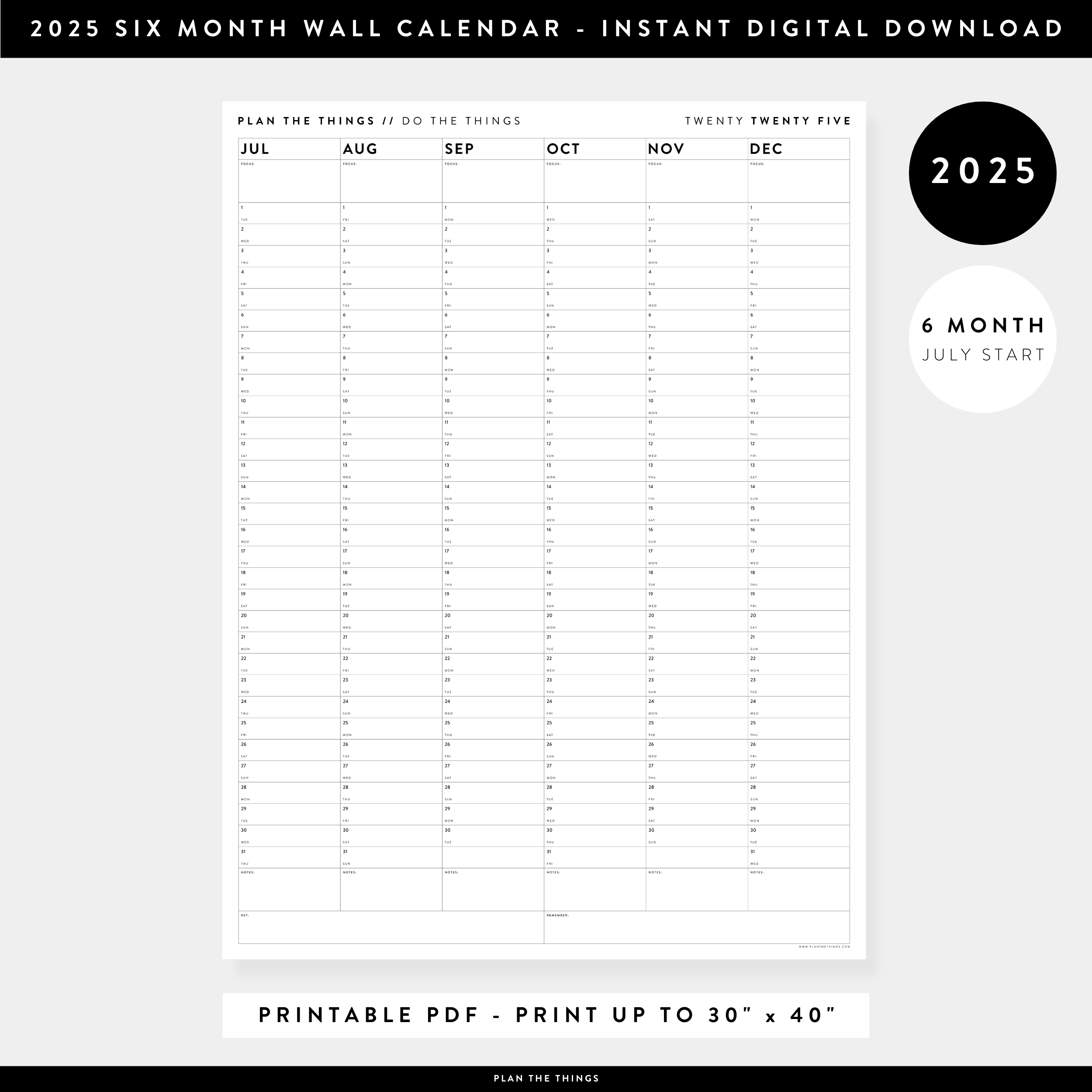 PRINTABLE SIX MONTH 2025 MINIMAL WALL CALENDAR (JULY TO DECEMBER) - IN - Plan The Things printable-six-month-2025-minimal-wall-calendar-july-to-december-in-plan-the-things