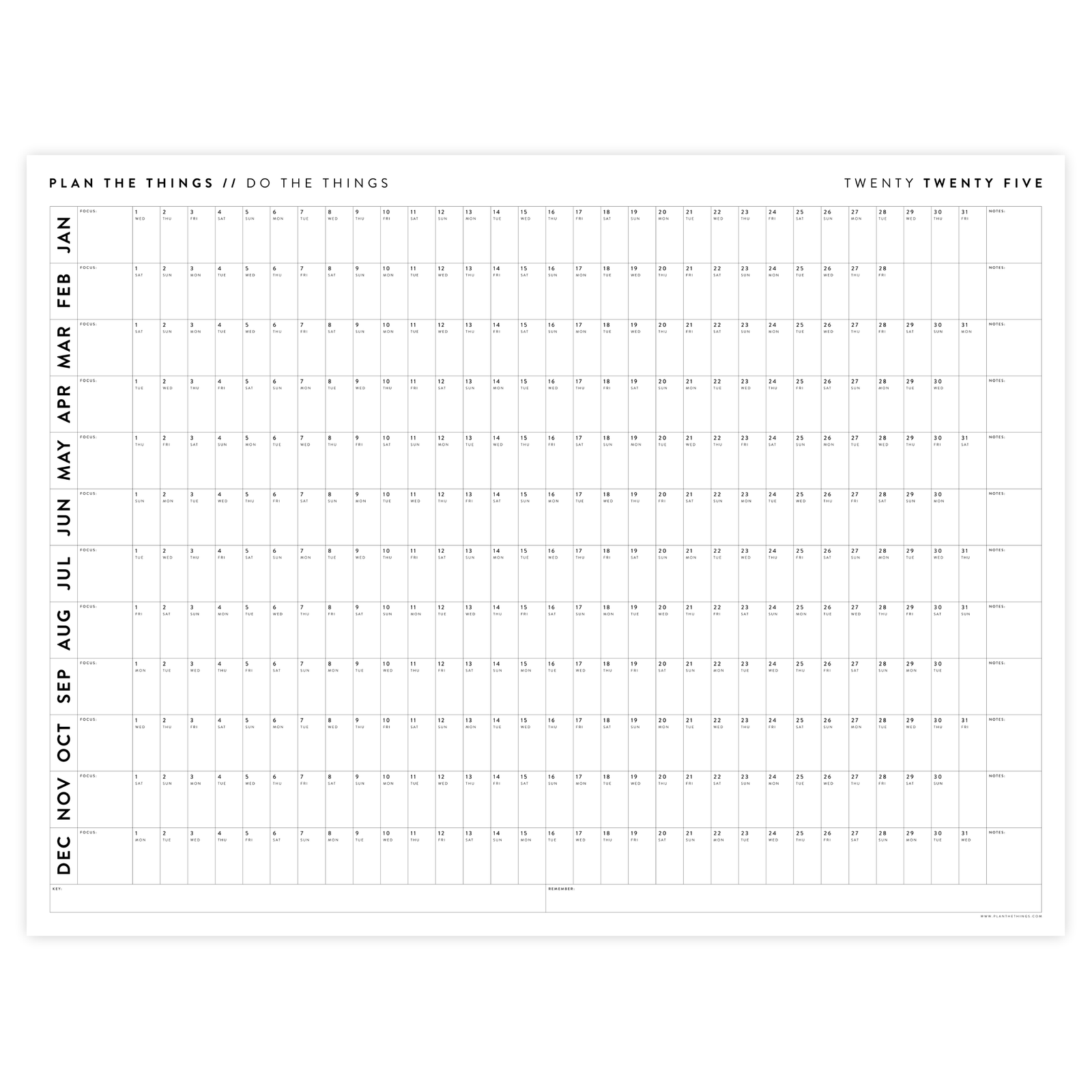 PRINTABLE 2025 HORIZONTAL WALL CALENDAR MINIMAL - INSTANT DOWNLOAD
