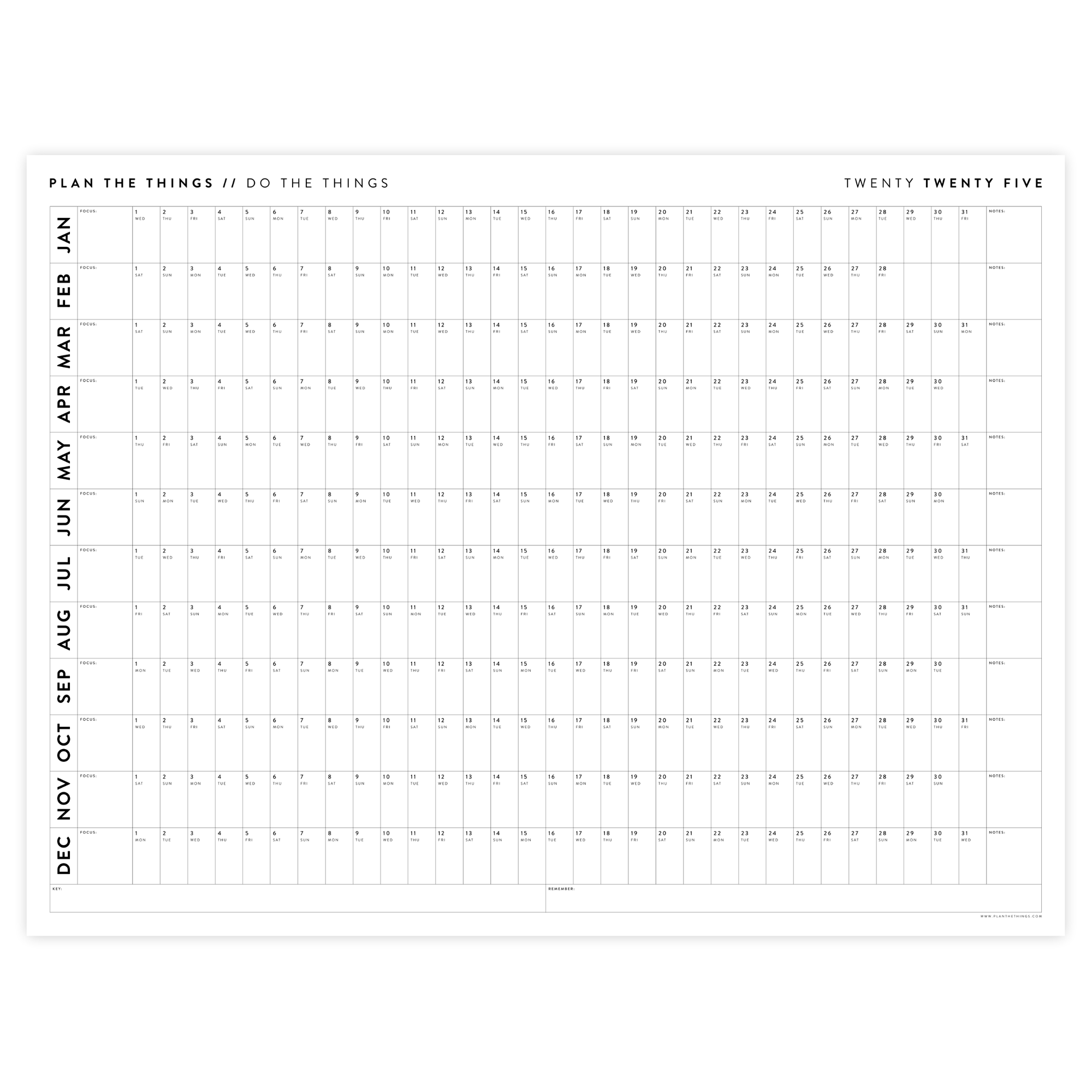 PRINTABLE 2025 HORIZONTAL WALL CALENDAR MINIMAL - INSTANT DOWNLOAD
