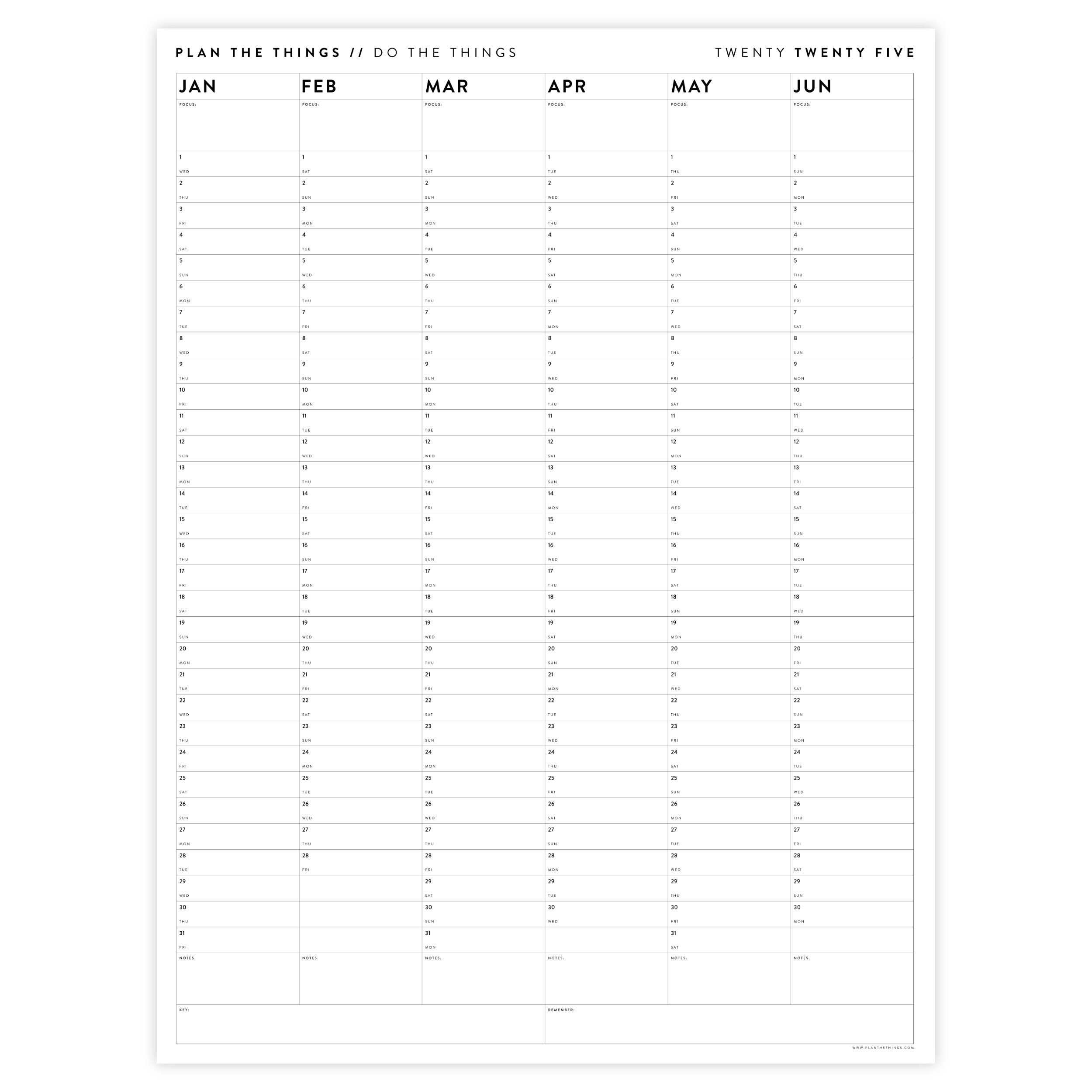PRINTABLE SIX MONTH 2025 MINIMAL WALL CALENDAR (JANUARY TO JUNE) INS