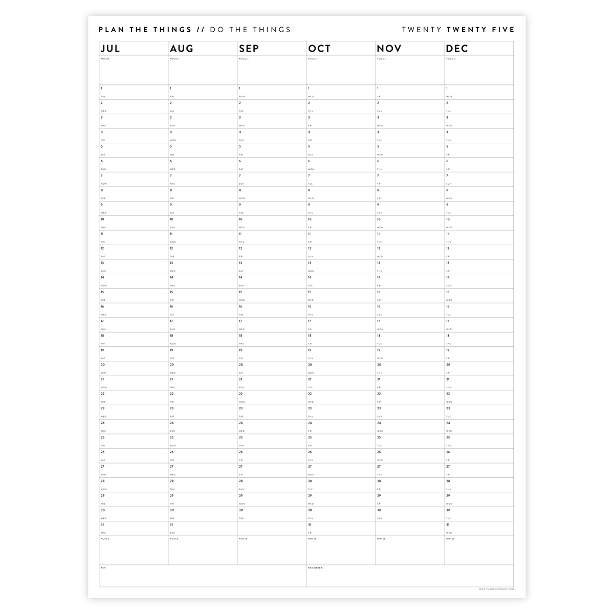 PRINTABLE SIX MONTH 2025 MINIMAL WALL CALENDAR (JULY TO DECEMBER) IN Plan The Things