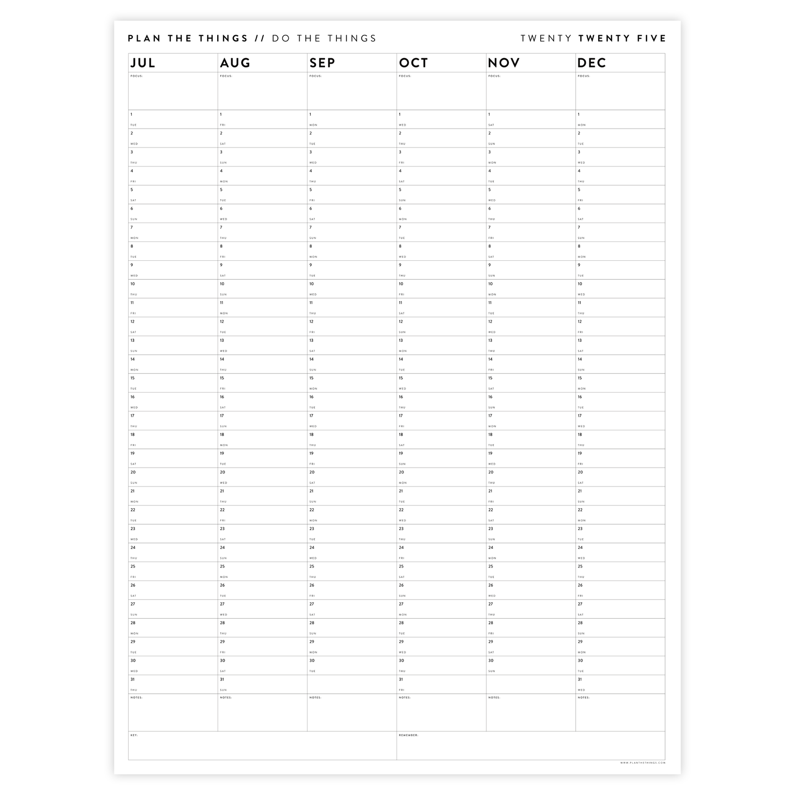 SIX MONTH 2025 MINIMAL GIANT WALL CALENDAR (JULY TO DECEMBER)