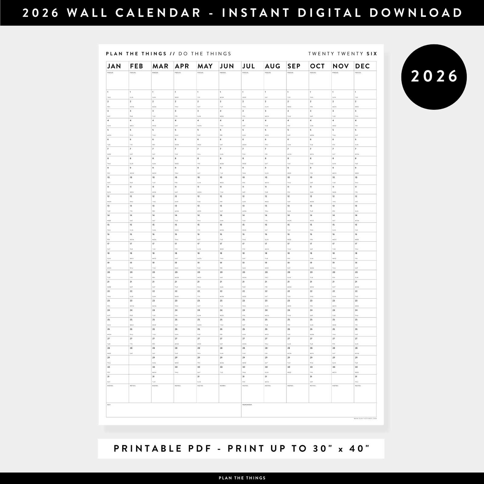 PRINTABLE VERTICAL 2026 WALL CALENDAR - MINIMAL - INSTANT DOWNLOAD