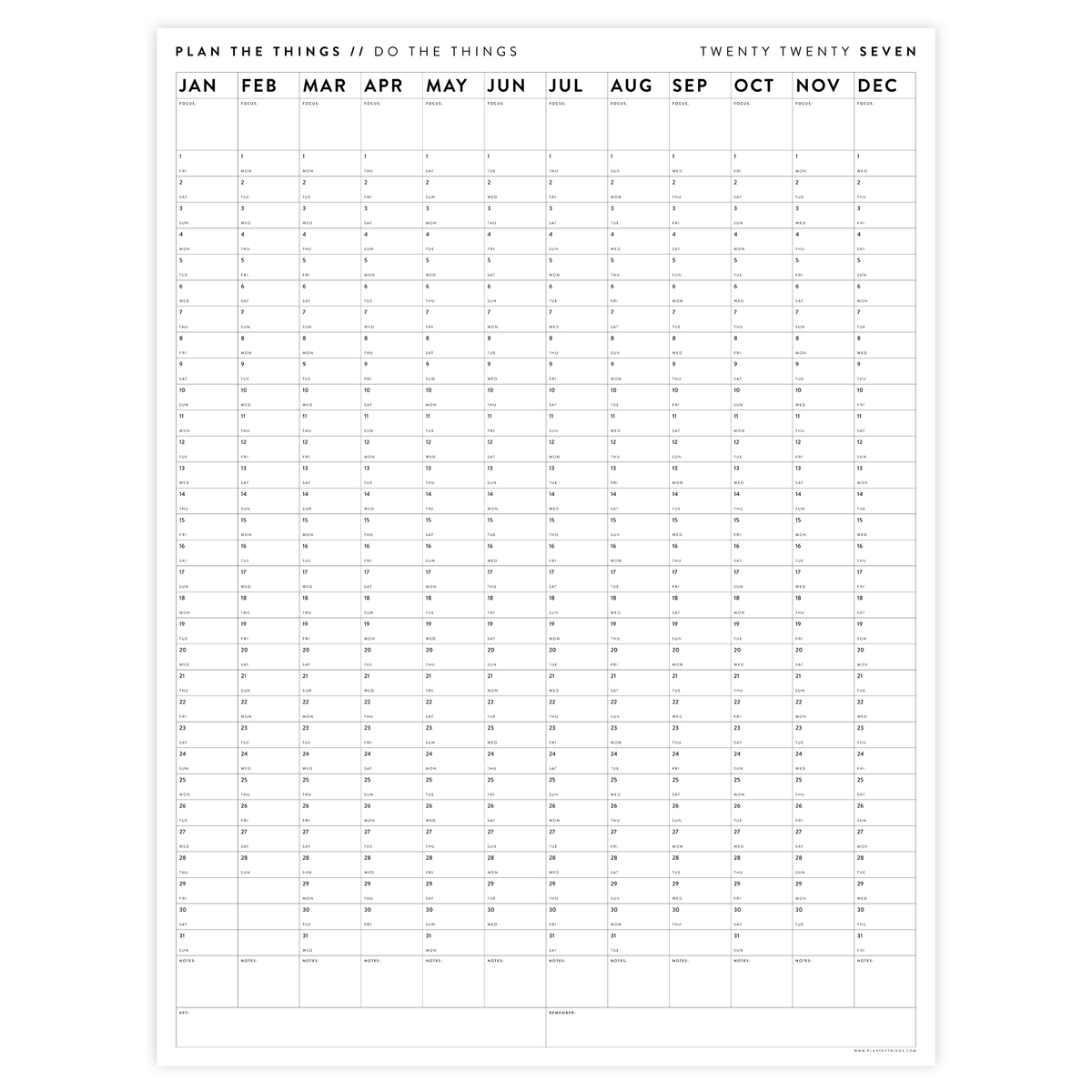 PRINTABLE VERTICAL 2027 WALL CALENDAR (MINIMAL / CLEAR) - INSTANT DOWNLOAD